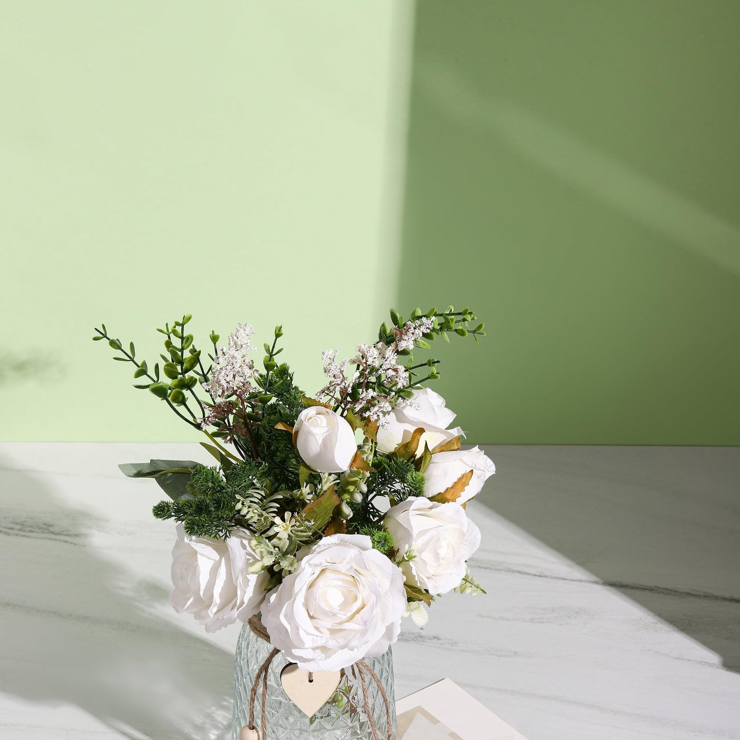 Flojery 2 Packs Faux Flowers in vase,Fake Flowers with Vase, Artificial Silk Roses in Vase, Artificial Flowers in Vase, Faux Flower Arrangement with Vase for Farmhouse (White with vase)