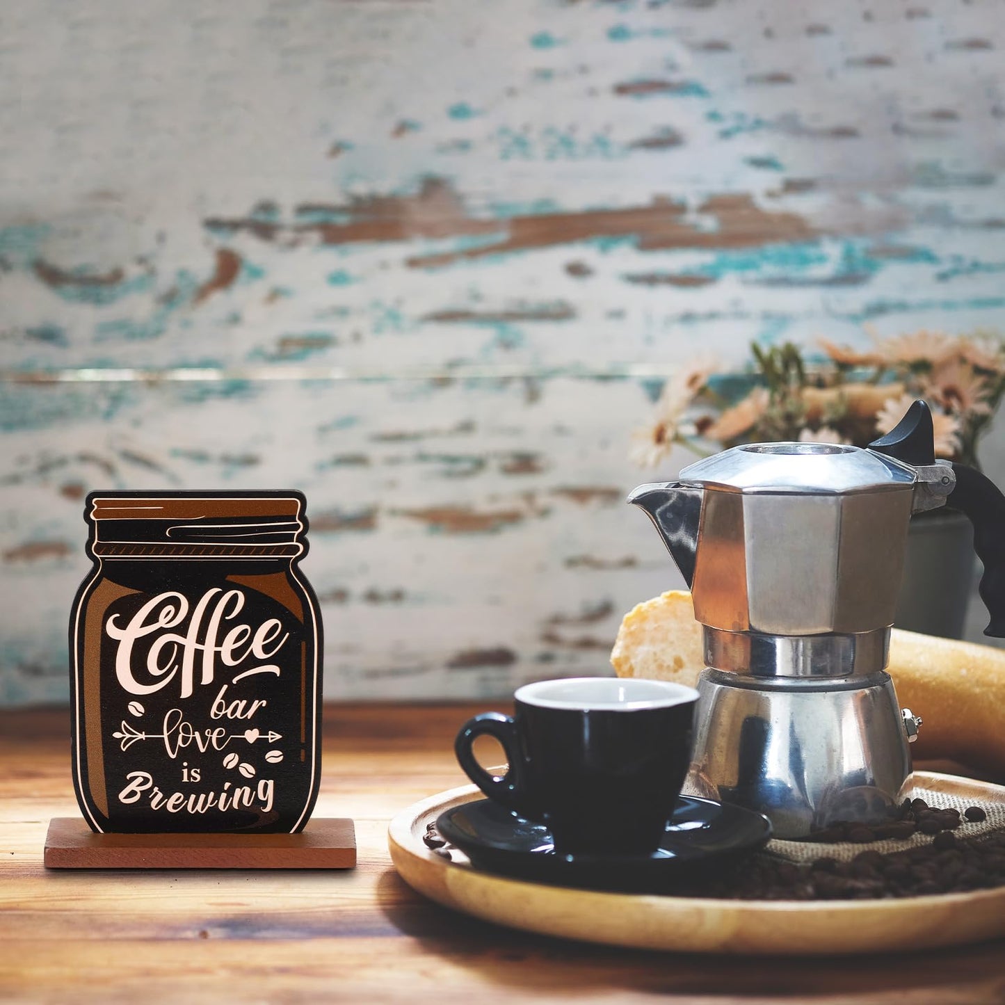 Blulu 5 Pieces Coffee Bar Decor Sign Farmhouse Coffee Bar Wood Signs Rustic Cafe Wooden Table Centerpiece Cafe Table Tiered Tray Decor for Home Kitchen Decorations