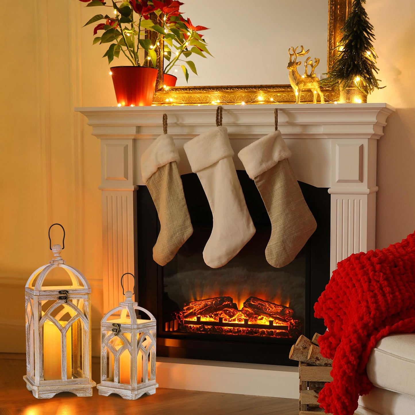 Staymoment Farmhouse Lanterns Decorative Indoor: 11" & 15" Set of 2 White Wooden Candle Holder Lanterns for Table Centerpiece Fireplace Mantle Home Decor