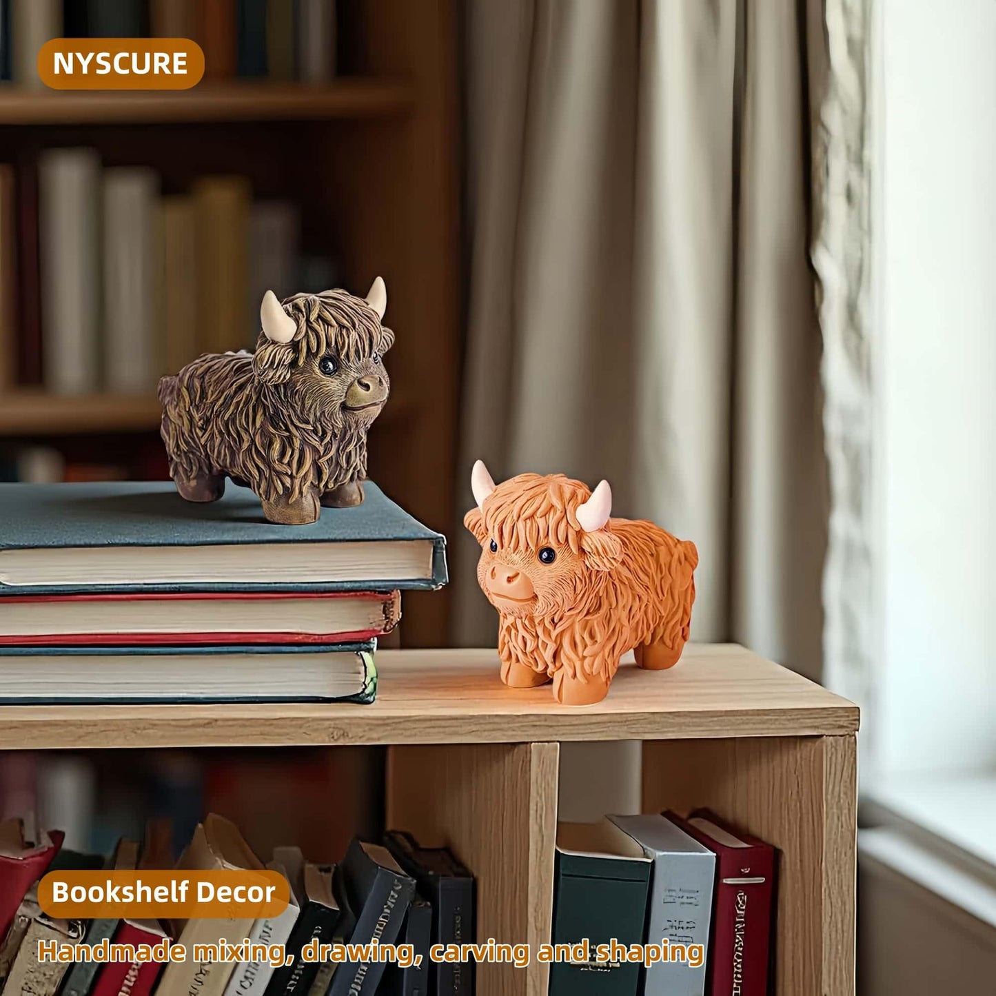 NYSCURE Set of 2 Small Resin Highland Cows Statues Home Decor Scottish Modern Style Figurine Calf Gifts for Lovers, Decorative Ornaments for Livingroom, Bedroom, Bookshelf, Cabinets, Office Desktop