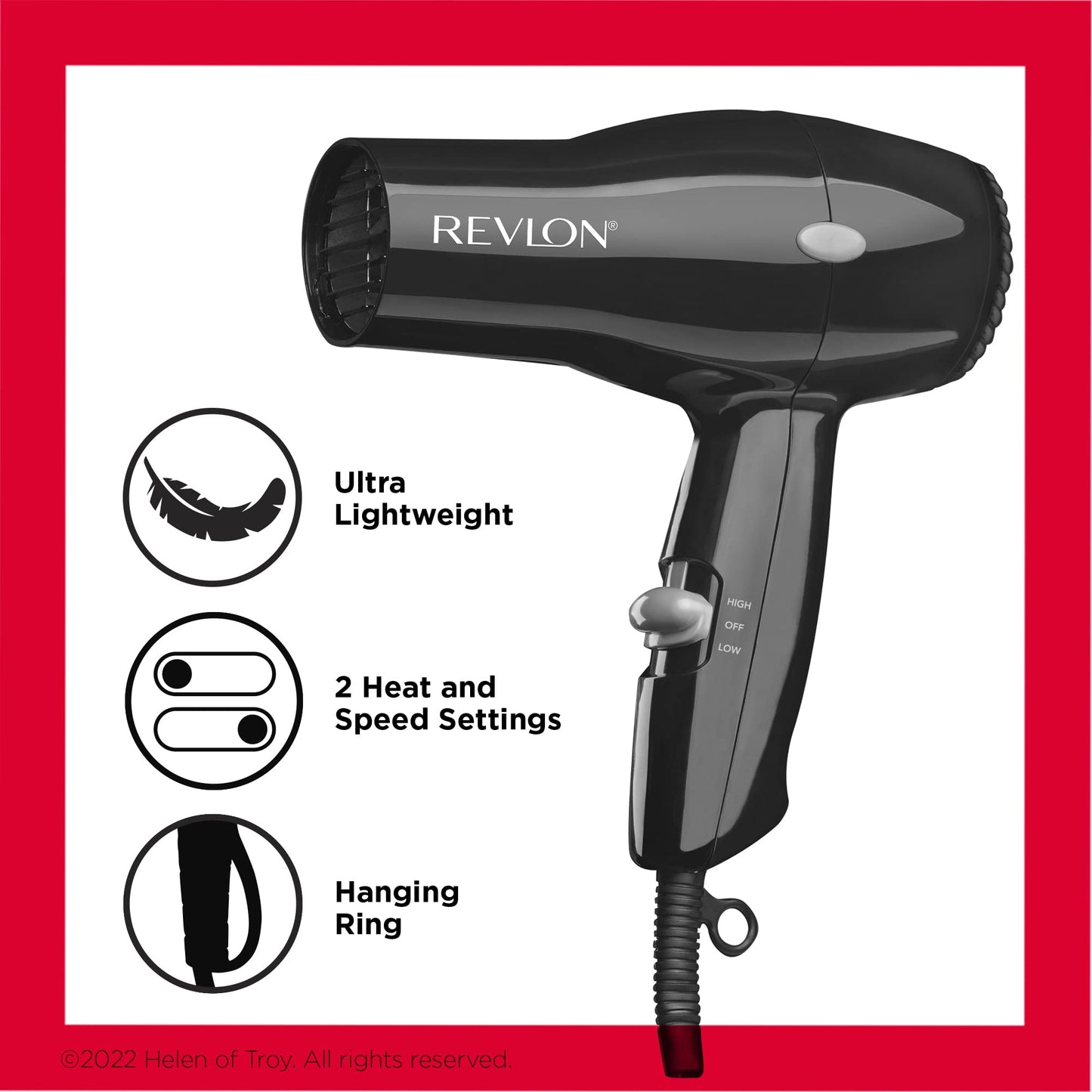 REVLON Travel Hair Dryer | Salon-Style Blowouts, Lightweight Design, 1875 Watts for Fast Drying with 2 Heat & Speed Settings for Drying and Styling Flexibility (Black)
