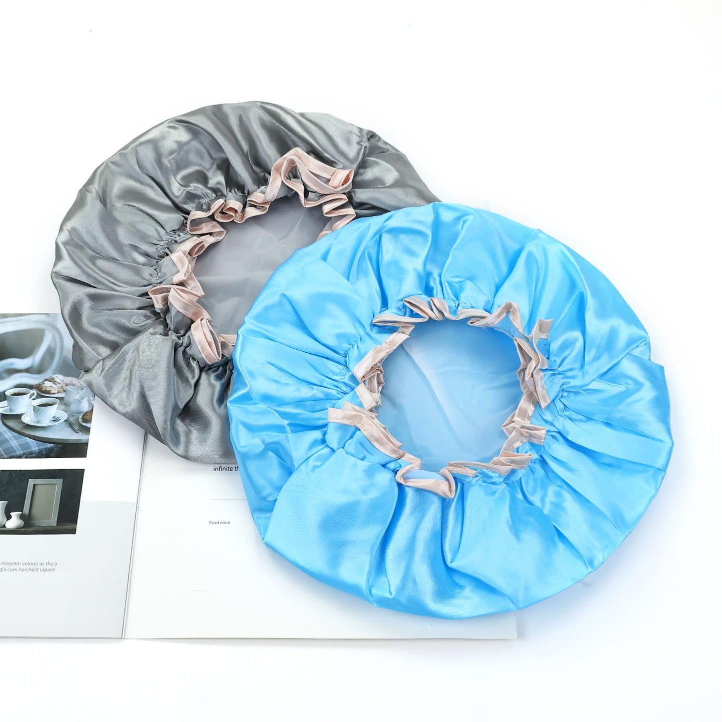 Lawie 4 PACK Double Layer Waterproof Reusable Satin Shower Caps with Adjustable Bath Hair Caps Stretchy PEVA Bathing Hats Bonnets Curly Long Braids Hair for Women Girls (pack 1 of solid colors)