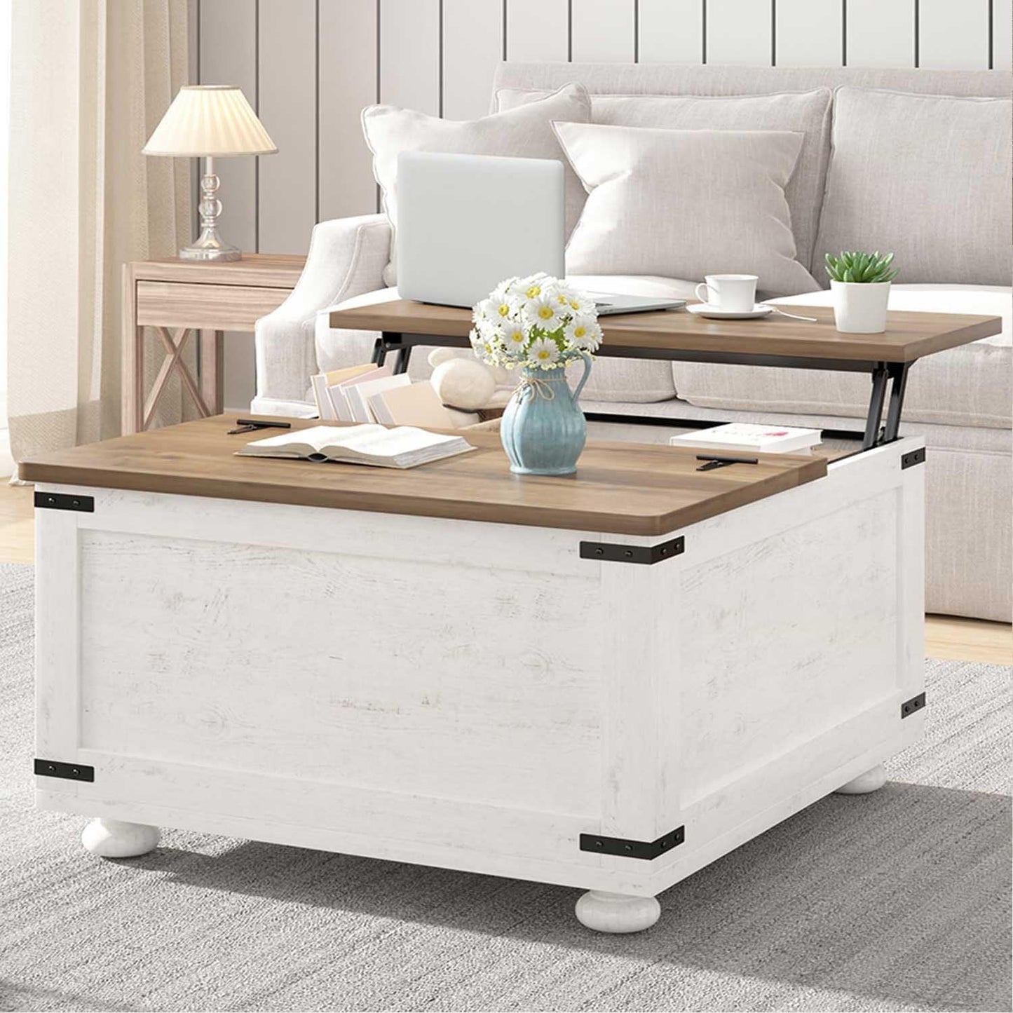 MaverickFurni White Farmhouse Coffee Table with Storage, Square Lift Top Coffee Table with Hydraulic and Wood Gourd Feet for Living Room, White