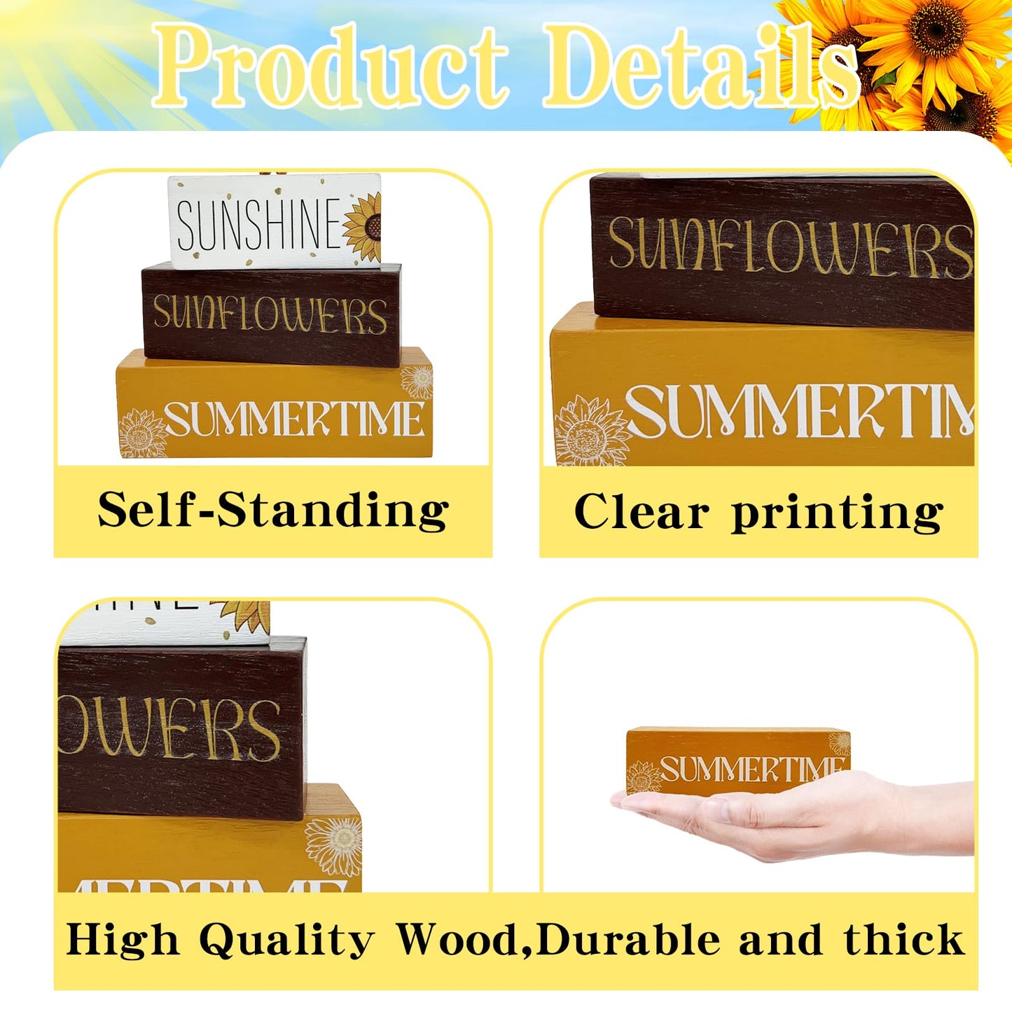 4 Pcs Summer Sunflower Wood Table Decor,Sunflower Tiered Tray Decor Wooden Tabletop Wooden Decors, Sunflower Home Party Gifts Farmhouse Table Decor Sign for Guest Decorations (Sunflower)