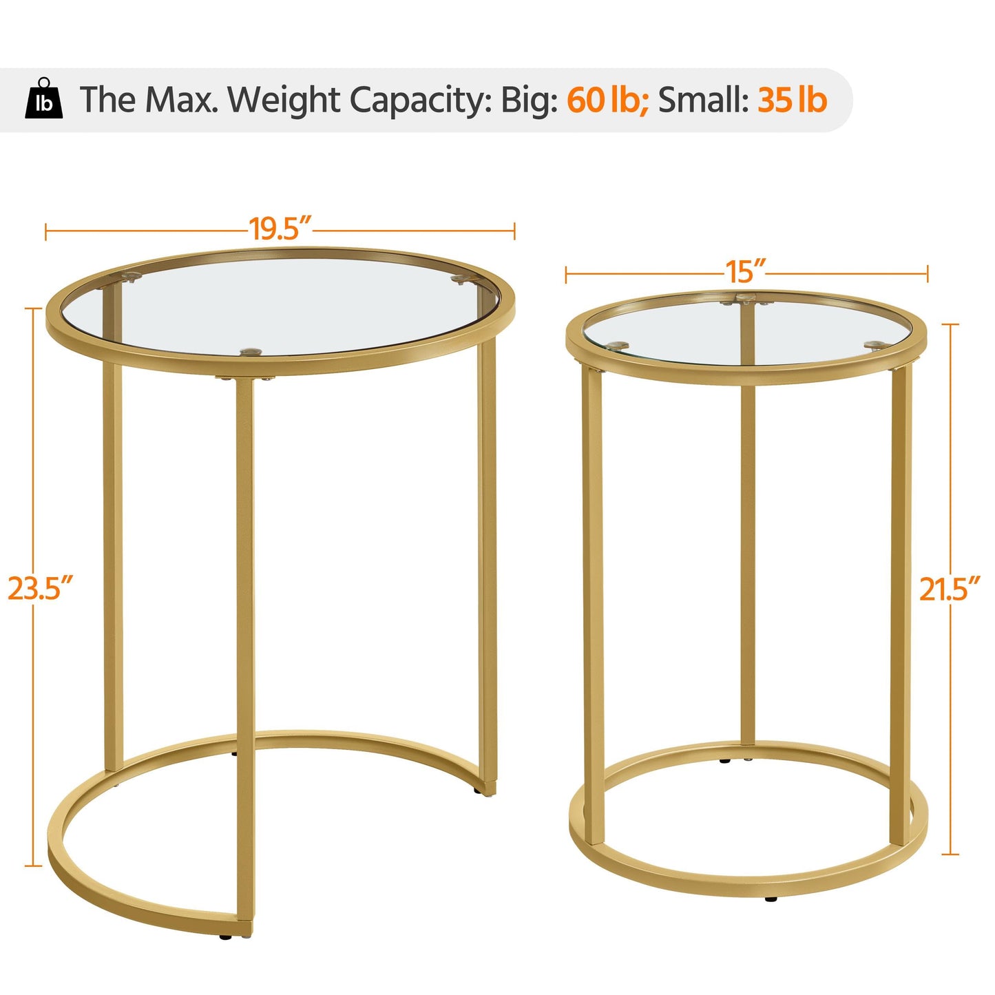Yaheetech Round Nesting Side Table Stacking Coffee Table, Set of 2 Circular End Tables w/Metal Frame & Tempered Glass Top & Protective Foot Pads for Small Space Living Room Office, Mustard Gold