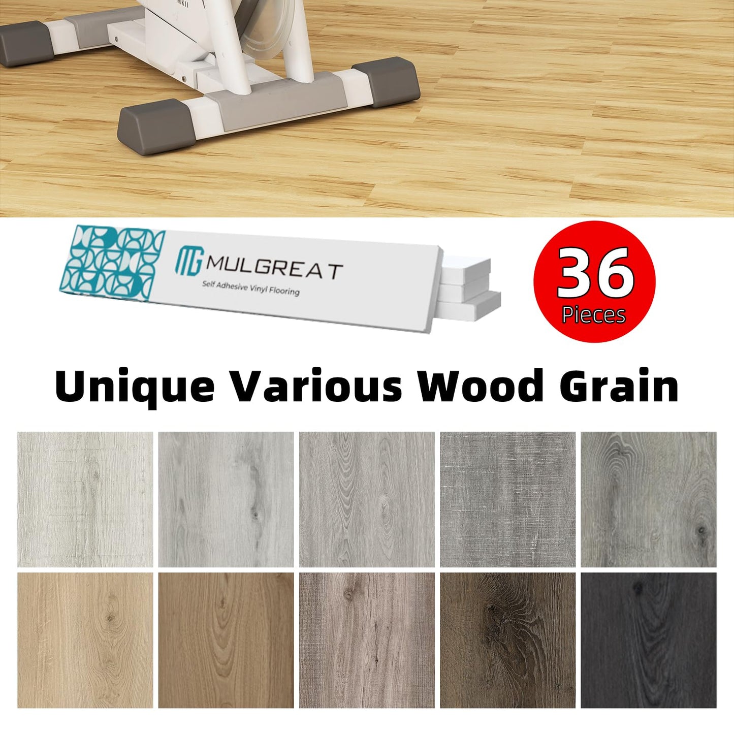 MULGREAT Peel and Stick Floor Tile, 54 Sq.Ft 36 Pieces 36"x6" Long Vinyl Flooring, 1.5mm Thick Waterproof Heavy Duty Wood Floorings for Bedroom Laundry Kitchen, Hickory
