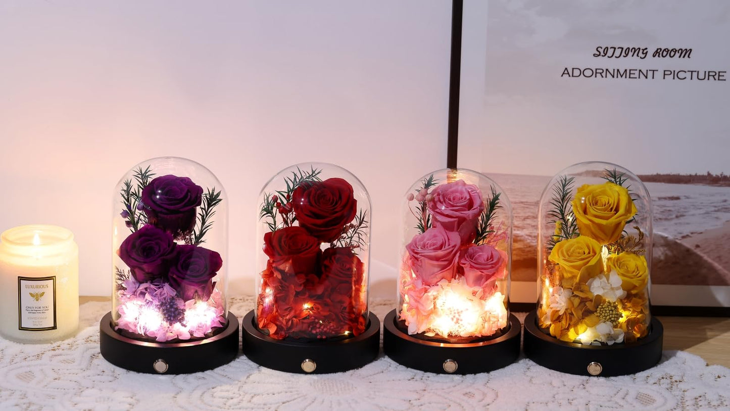Pinnetetti Flowers for Delivery, 3 Yellow Forever Roses in Glass Dome with LED, Preserved Real Rose, Valentines Day Anniversary Birthday Mothers Day Flower Gifts for Mom Her Women Wife Mother