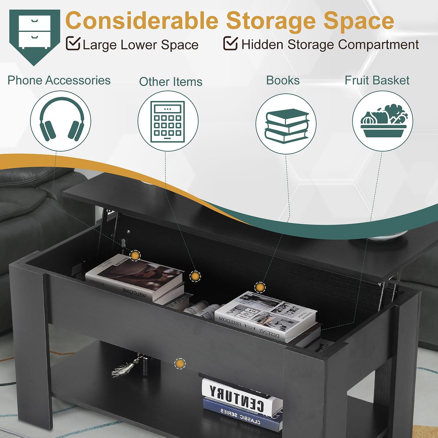 PayLessHere Coffee Table Lift Top Coffee Tables with Hidden Compartment and Storage Shelf Wooden Lift Tabletop Dining Table for Living Room Home (Black, 39" D x 28" W x 24" H)