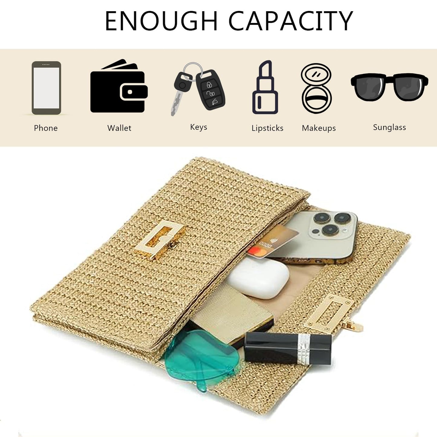 FantasyBear Summer Straw Cluth for women,Rattan Handbags for Women Wicker Purses for Vacation Beach (Multicolour With Chain)