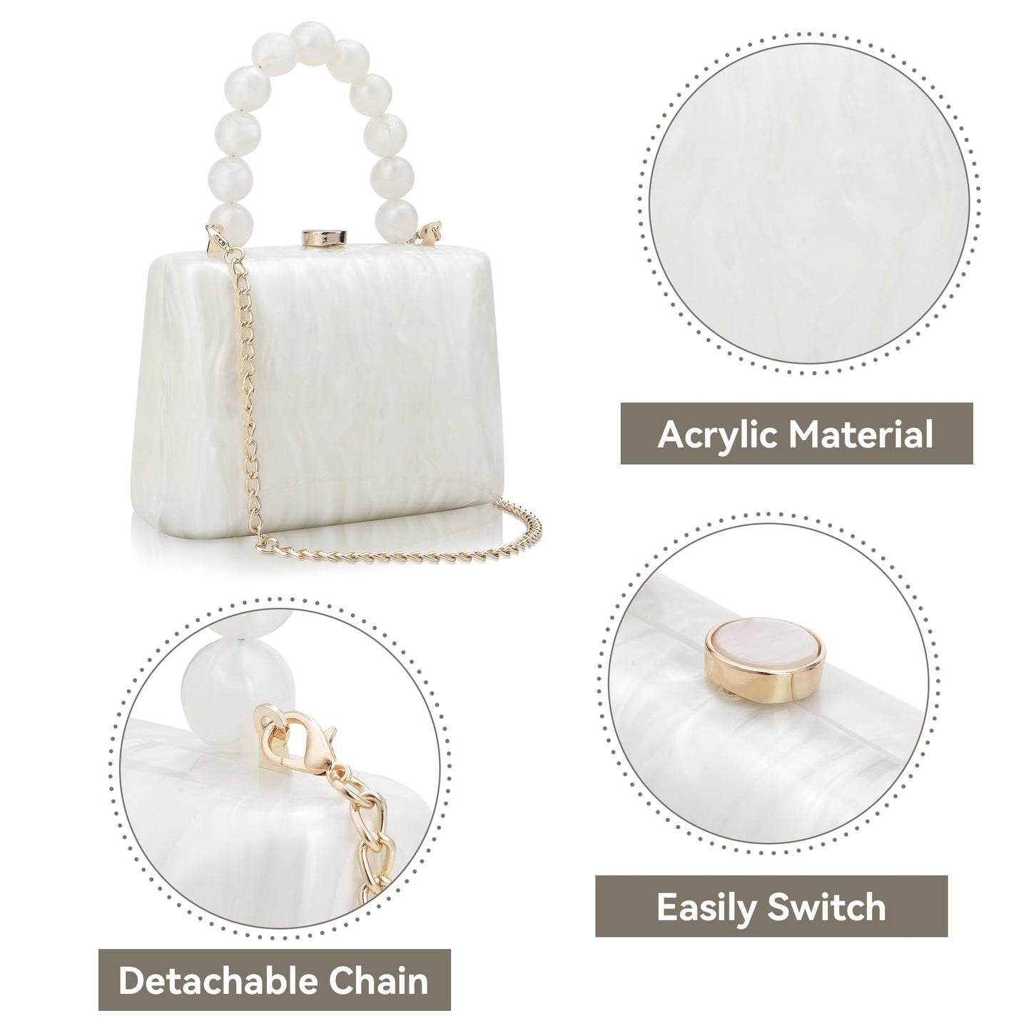 jessie Acrylic Purses Evening Clutch Bag Marbling Handbags for Women Cross Body Bag with Pearl Chain Formal Wedding Prom Party