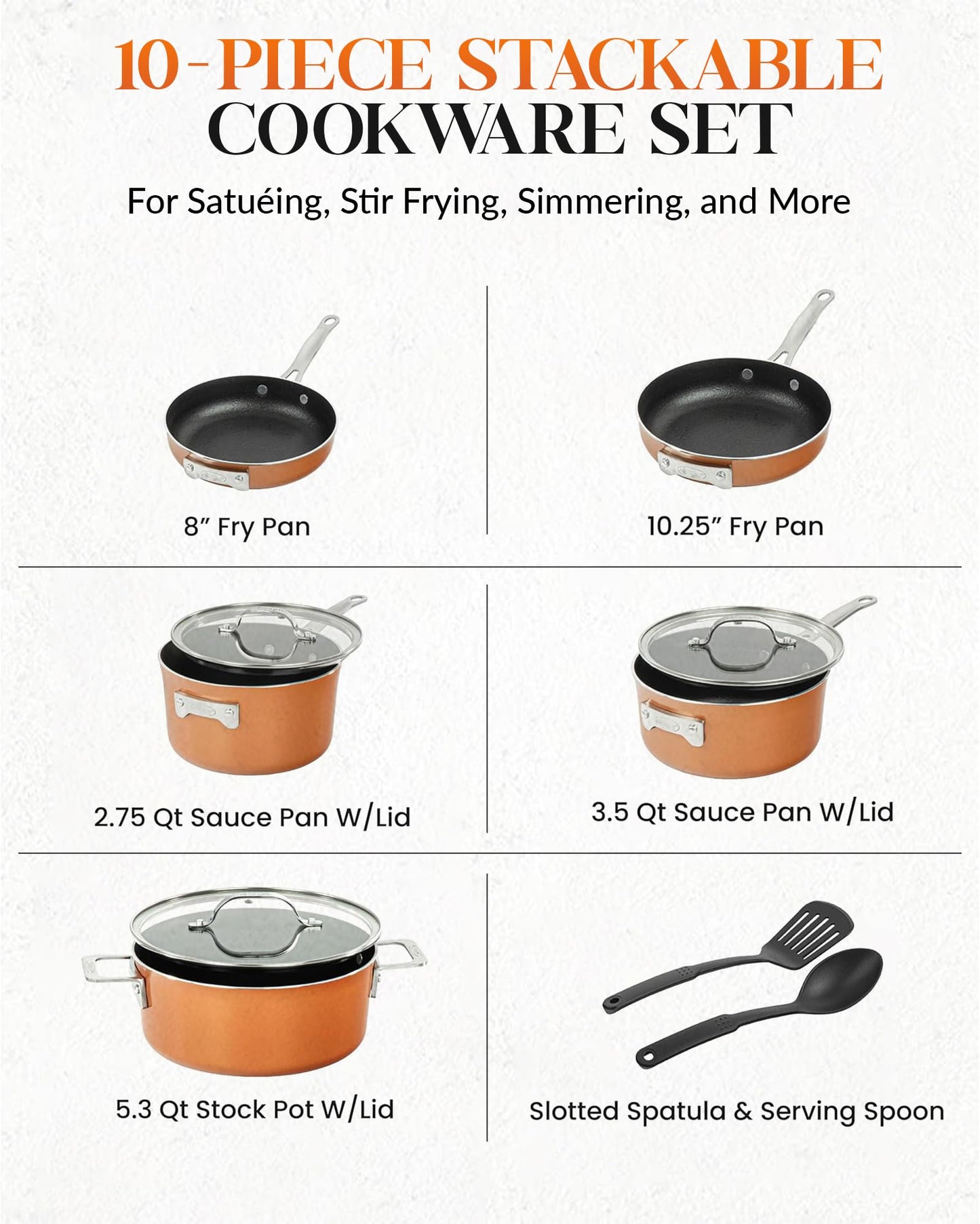 Gotham Steel Stackable Pots and Pans Stackmaster 10 Piece Cookware Set with Ultra Nonstick Cast Texture Ceramic Coating, Copper