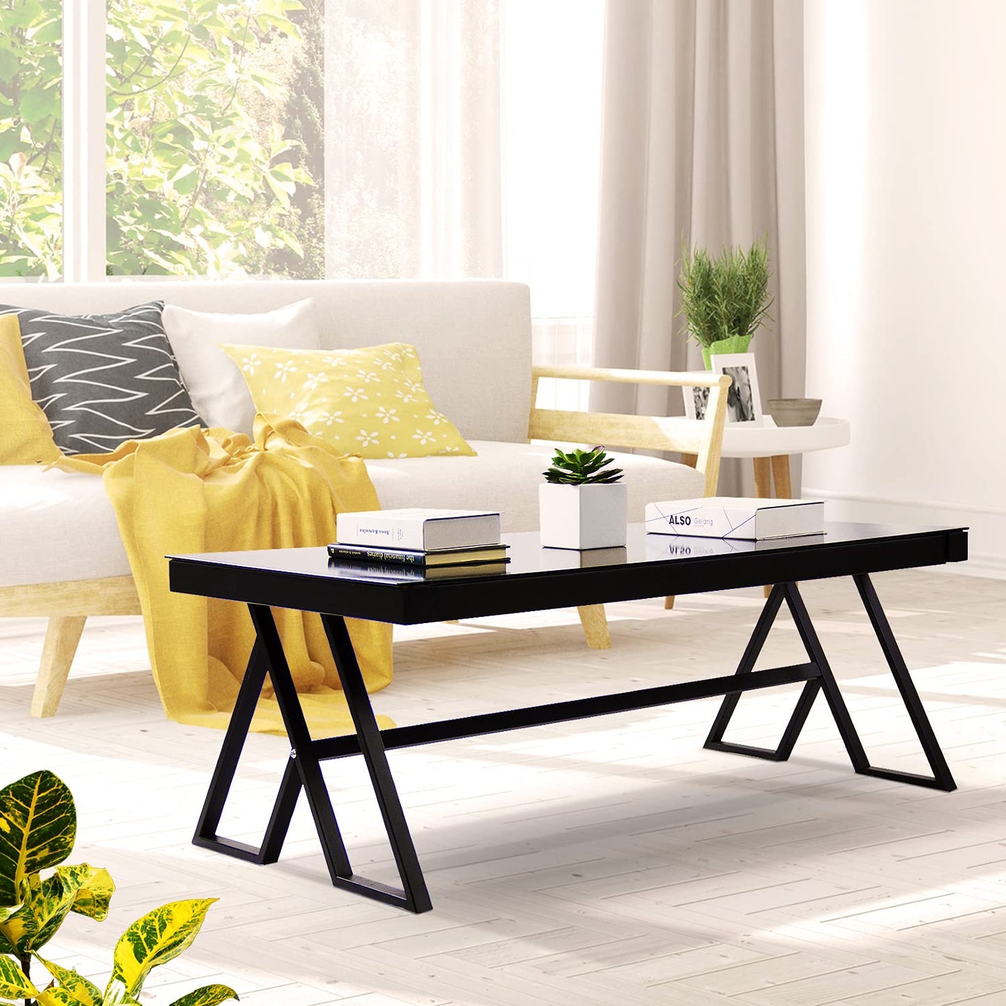 Jerry & Maggie Tempered Glass Tea Table Coffee Table Cocktail Desk Table - Modern Steel Triangular Legs Living Room Desk Decor - Anti Scratch Polished Surface Family Size Dinning Table, Black