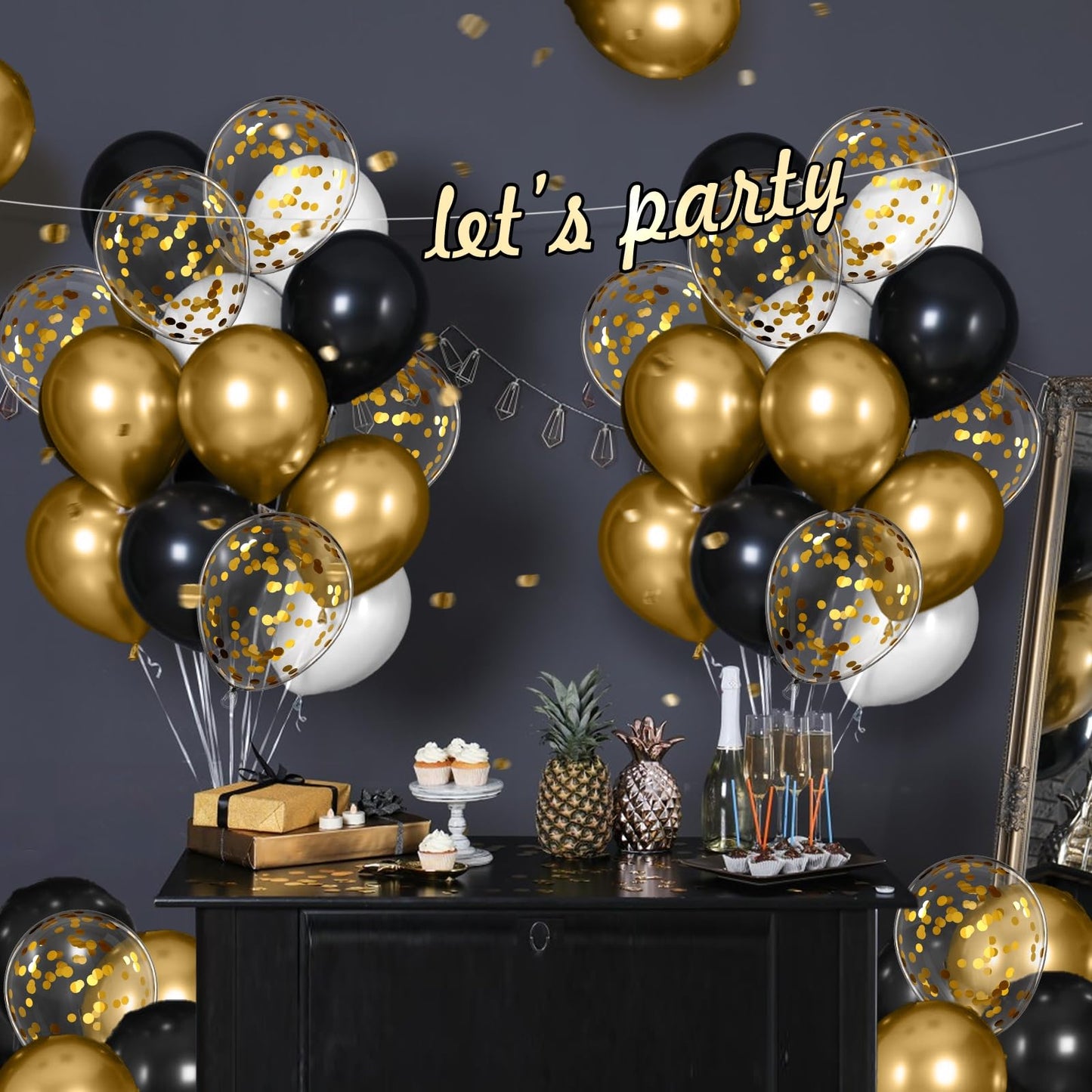 Black White and Gold balloons, 60pcs 12inch Black White Metallic Gold Confetti Balloons for Graduation 2025 Anniversary Birthday Party Decorations