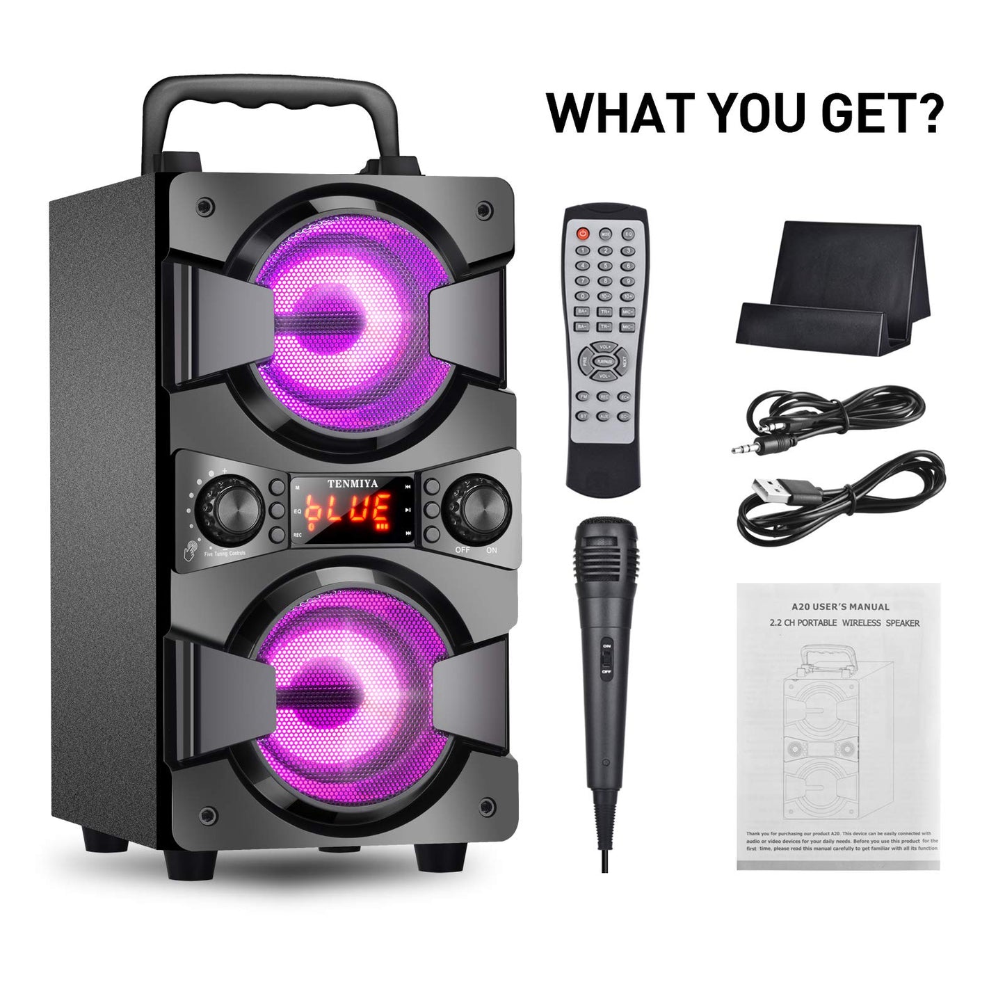 Bluetooth Speaker, Portable Wireless Speakers with Microphone, 60W Peak Loud Stereo Rich Bass, Lights, Remote, FM Radio, EQ, Double Subwoofer Sound System, Speaker for Home Outdoor Party Gifts(1MIC)