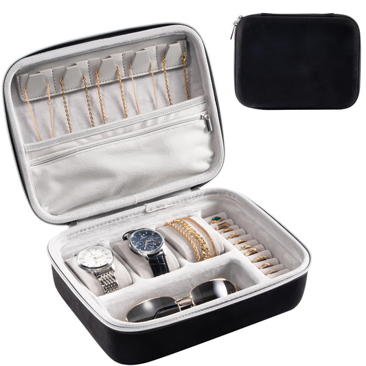 ProCase Mens Travel Jewelry Case, 3 Slots Watch Travel Case, Watch Accessories Carrying Case, Glasses Necklaces Rings Bracelets Zippered Organizer Bag for Men, Father's Day Gift -Blackgrey