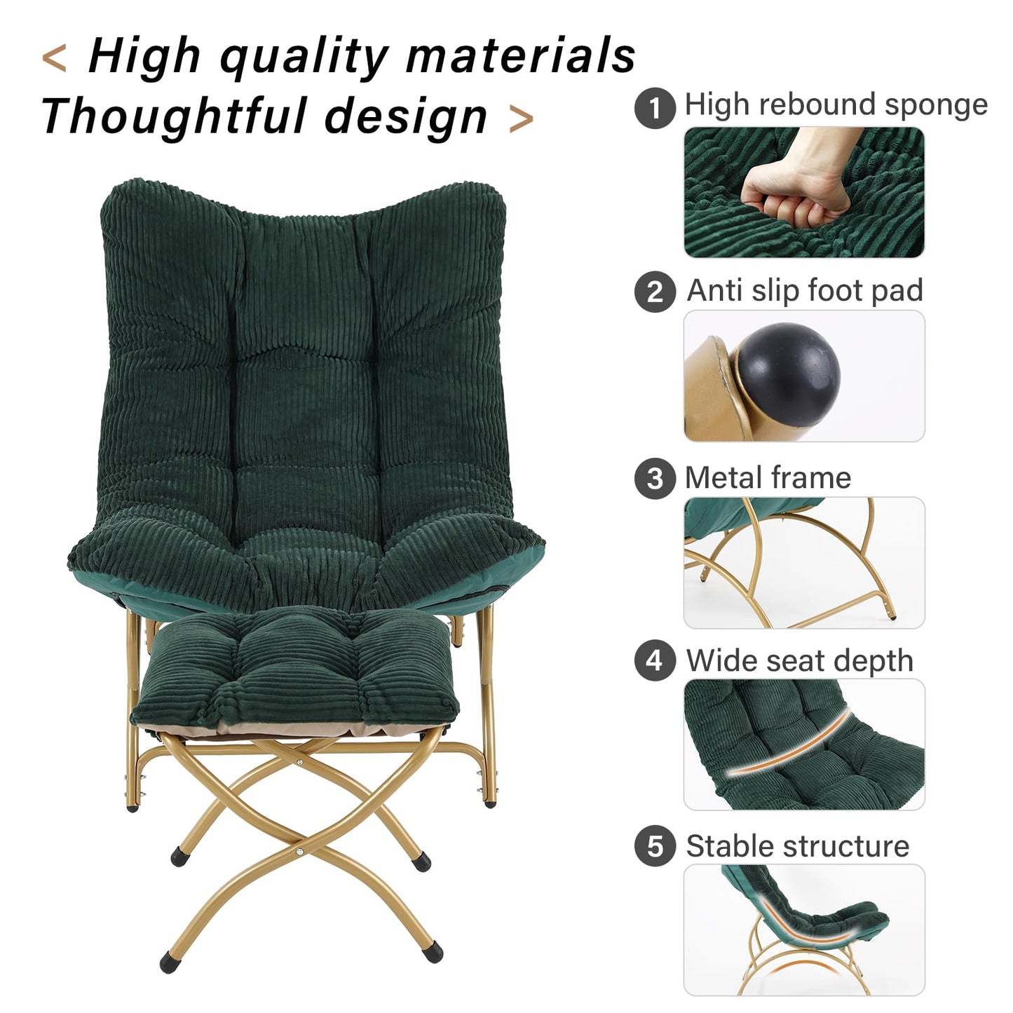 Welnow Accent Lounge Lazy Chair, Comfy Soft Leisure Metal Frame Reading Chair, Upholstered Thick Cushion Seated Recliner Sofa for Living Room, Bedroom, Dorm, Dark Green