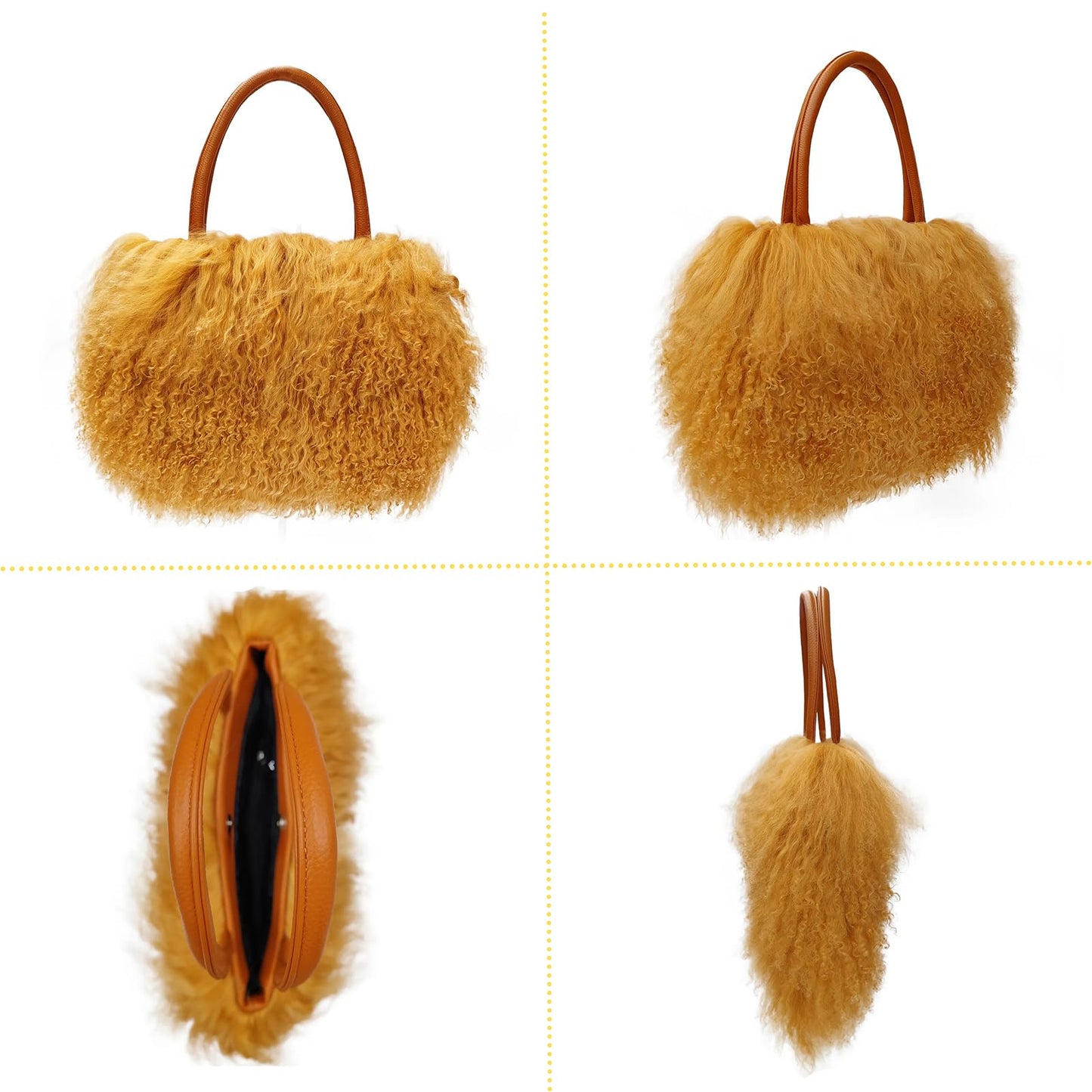 FINILUO Women Luxury Real Lamb Mongolian Flush Wool Fur With Genuine Leather Handles Handbag Camel