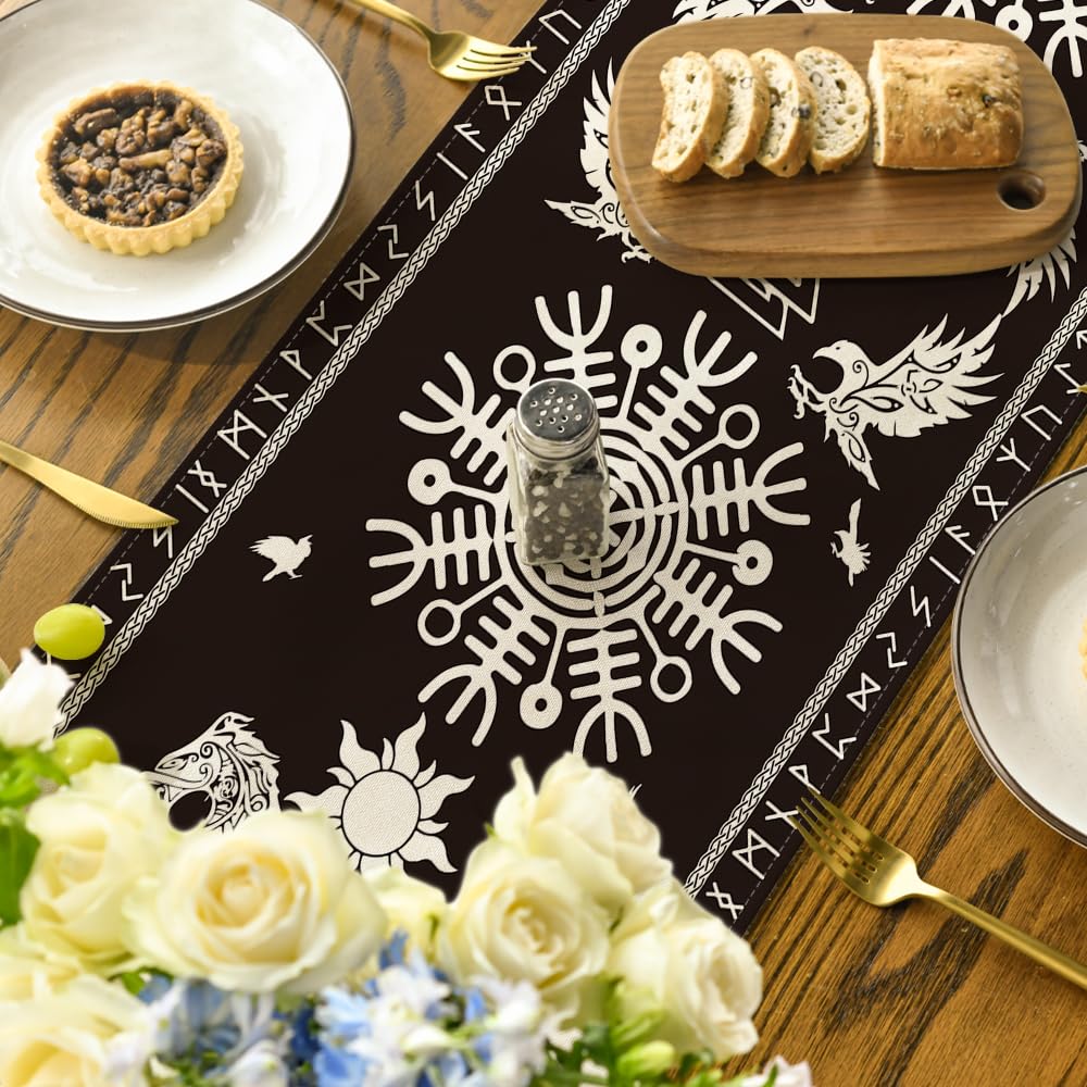 Artoid Mode Black Viking Tree of Life Raven Helmet of Awe Table Runner, Seasonal Kitchen Dining Table Decoration for Home Party Decor 13x108 Inch