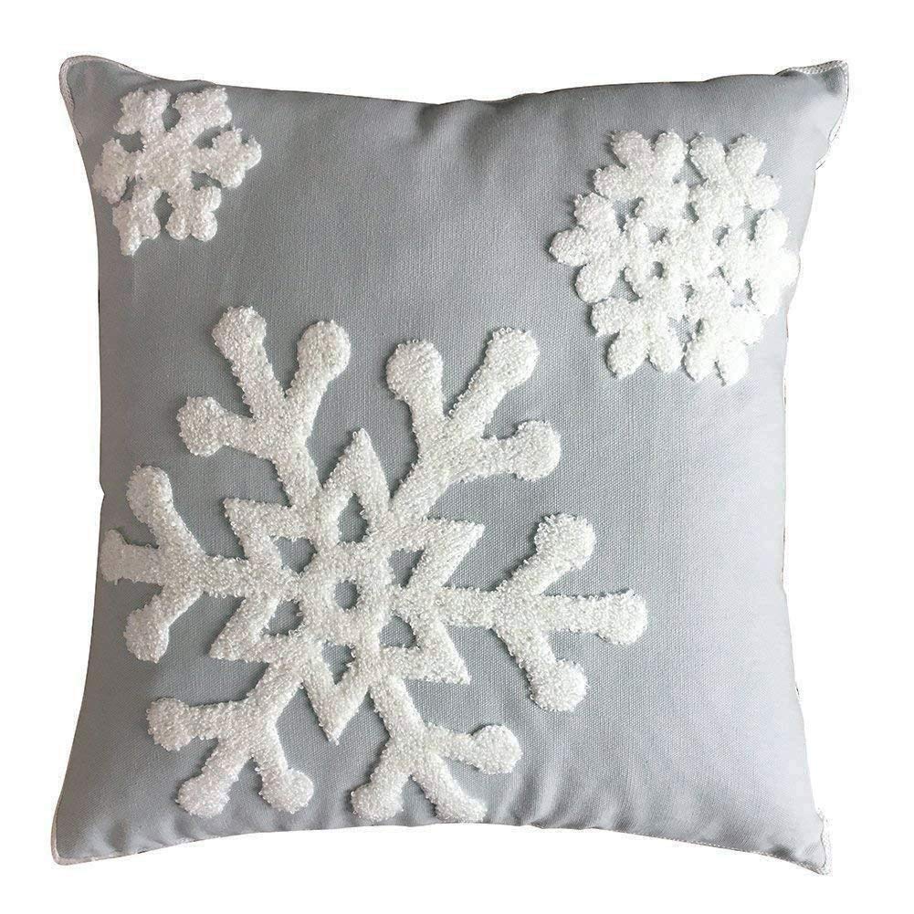 Elife Soft Square Christmas Snowflake Home Decorative Canvas Cotton Embroidery Throw Pillow Covers 18x18 Cushion Covers Pillowcases for Sofa Bed Chair (1 Pair, Grey)