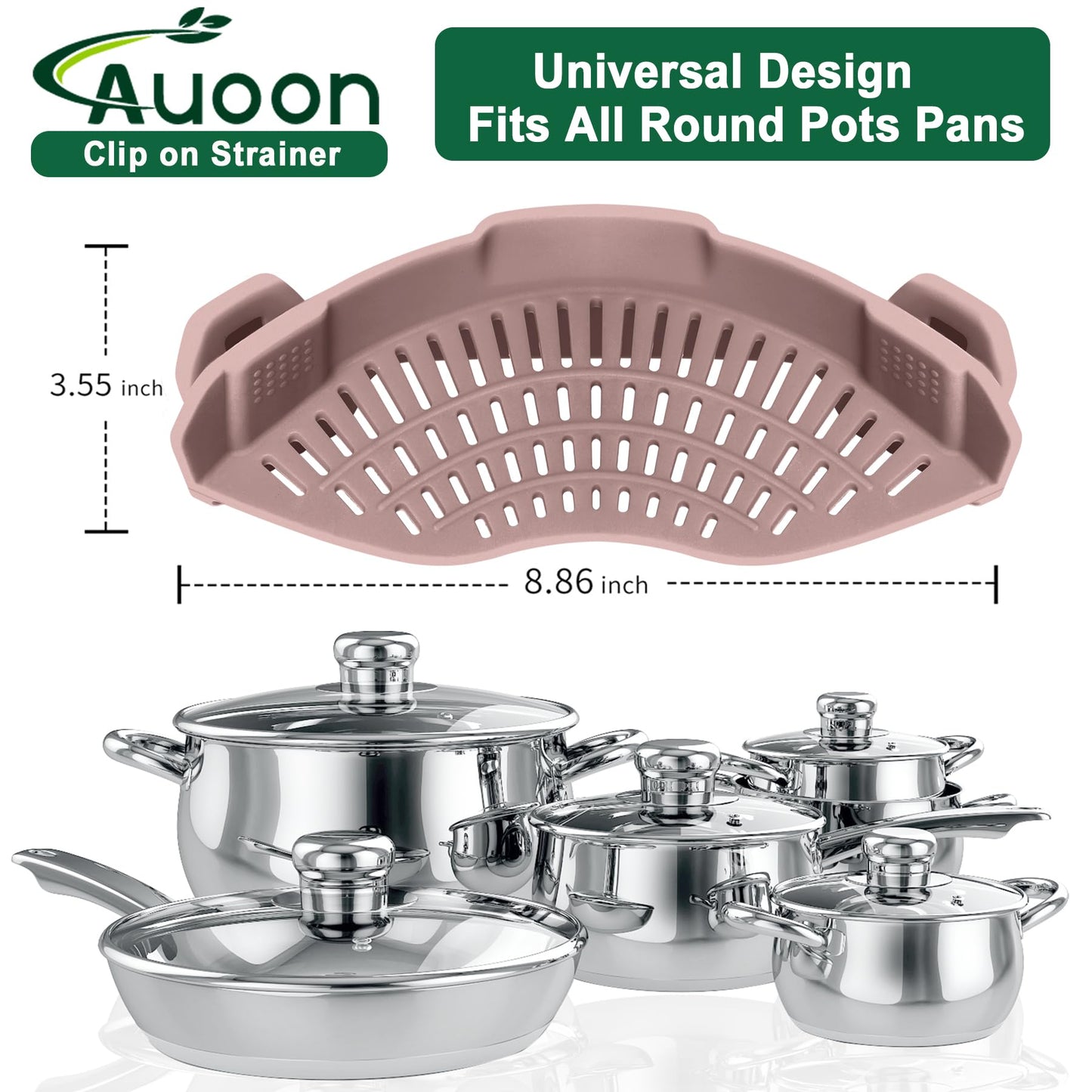 AUOON Clip on Strainer for Pots and Pans - Silicone Food Strainer for Draining Pasta, Spaghetti, Noodles, Fruits, Vegetables, Grease, Ground Beef (Almond Rose)