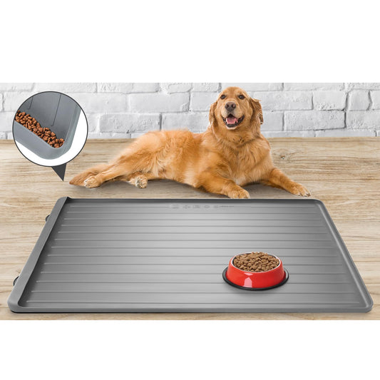 Dog Mat for Food and Water - 39.4" x 27" Large Pet Feeding Mats with Residue Collection Pocket - Waterproof Dog Cat Bowl Mat with High Edges to Prevent Water and Food Spills (Light Grey)