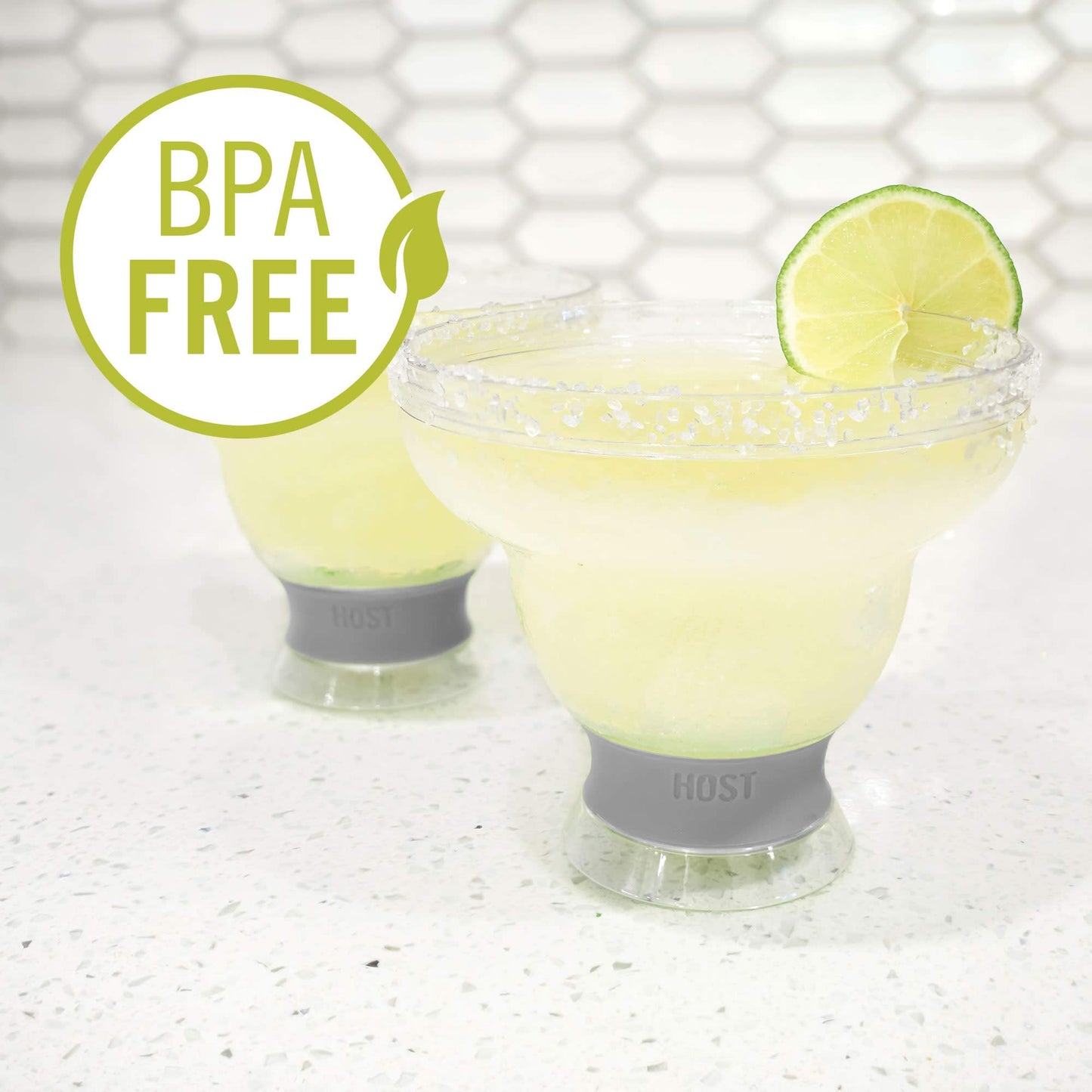 HOST FREEZE Margarita Glasses, Stemless Frozen Cocktail Cup, Double Wall Insulated Daiquiri Plastic Tumblers, Tequila Drinking Gift Green Set of 2