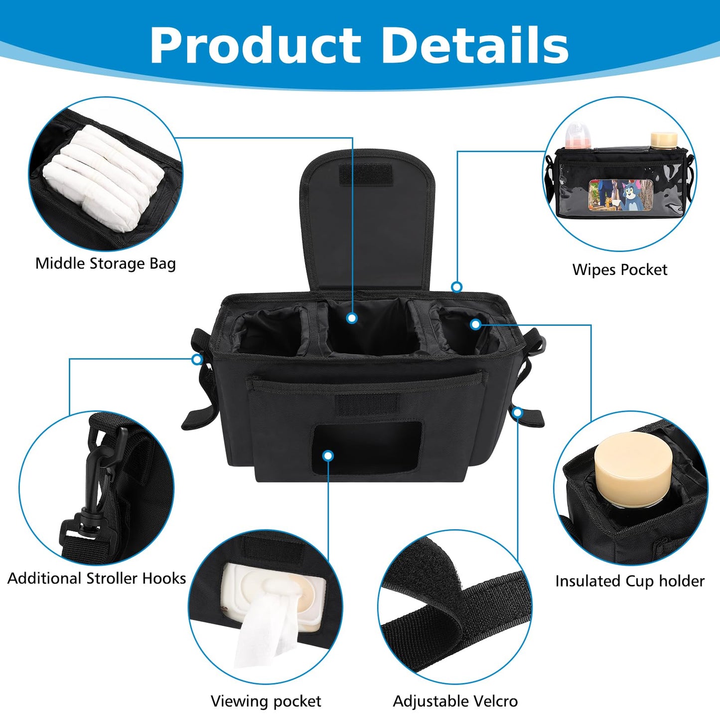 Accmor Universal Stroller Organizer with Insulated Cup Holder and Shoulder Strap, Stroller Caddy Bag Stroller Cup Holder Attachment for Uppababy, Baby Jogger, Britax Strollers, Black