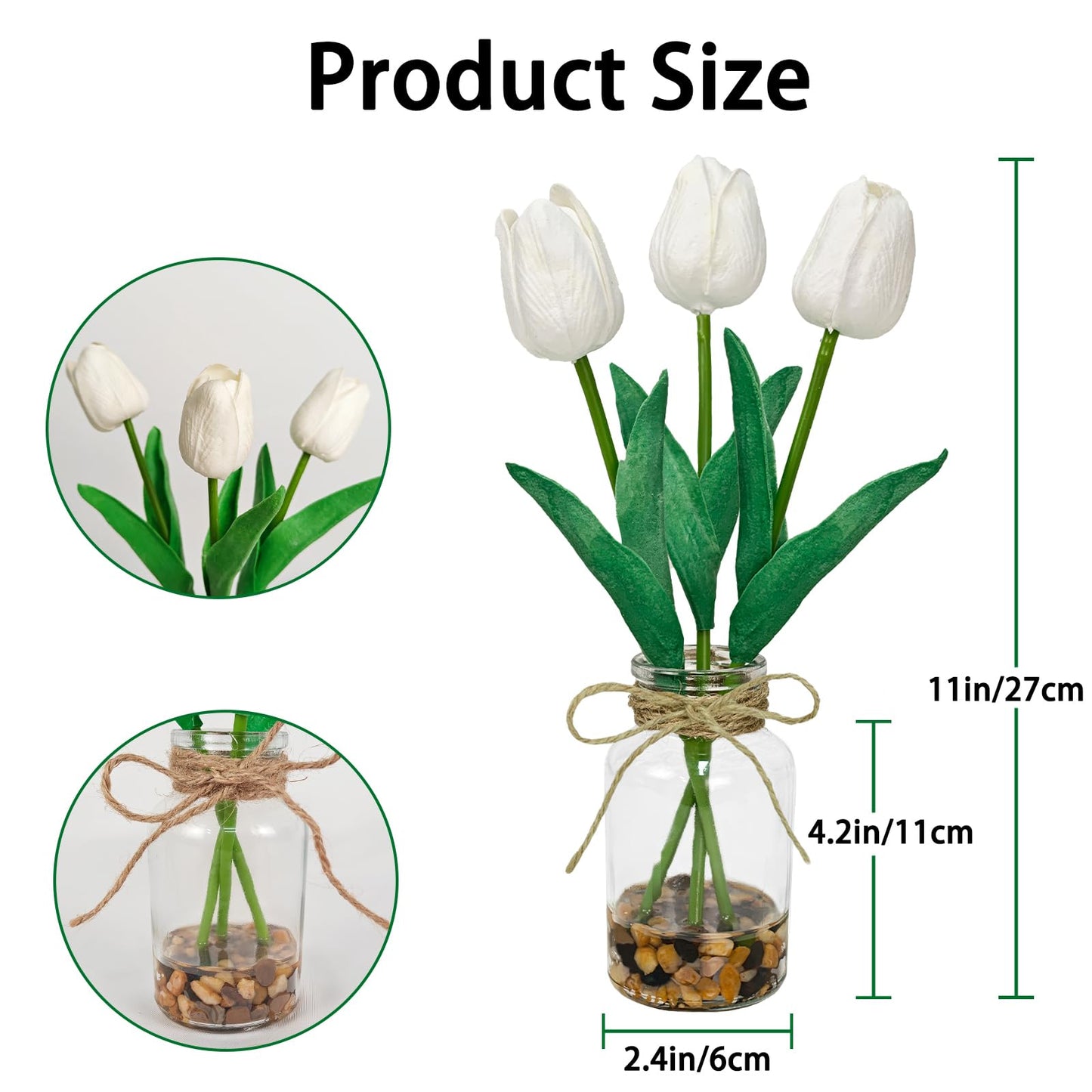 unlemoni 2 Packs Faux Flowers Artificial Tulips in Glass Vase with Faux Water Stone, Poly Foam White Fake Tulips Real Touch Flowers Arrangement for Home Kitchen Wedding Centerpiece Decoration