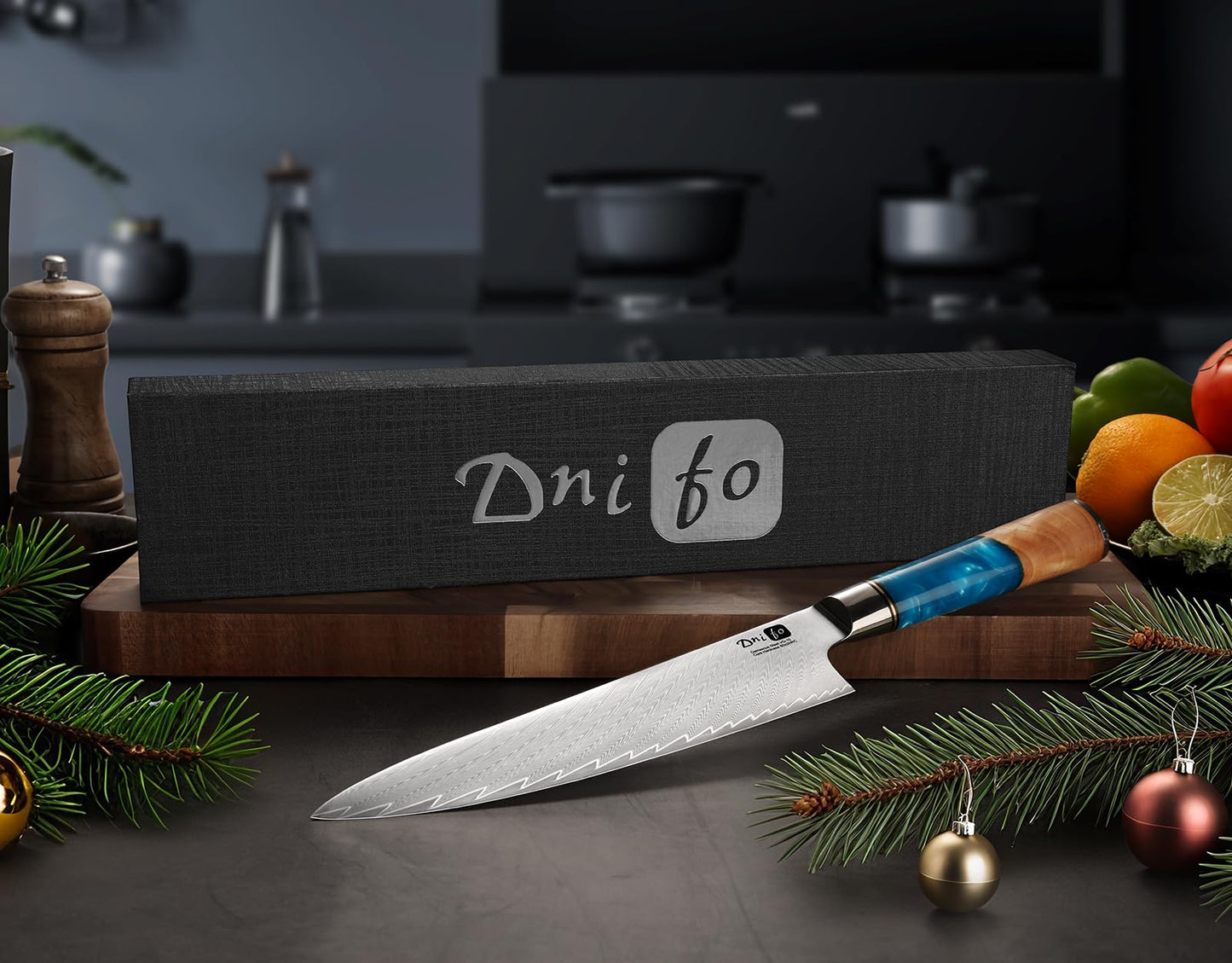 Dnifo Chef Knife 8 Inch, Damascus VG-10 Steel Sharp Japanese Kitchen Knife with Gift Box and Resin Wood Handle, Ideal Gift for Men and Women