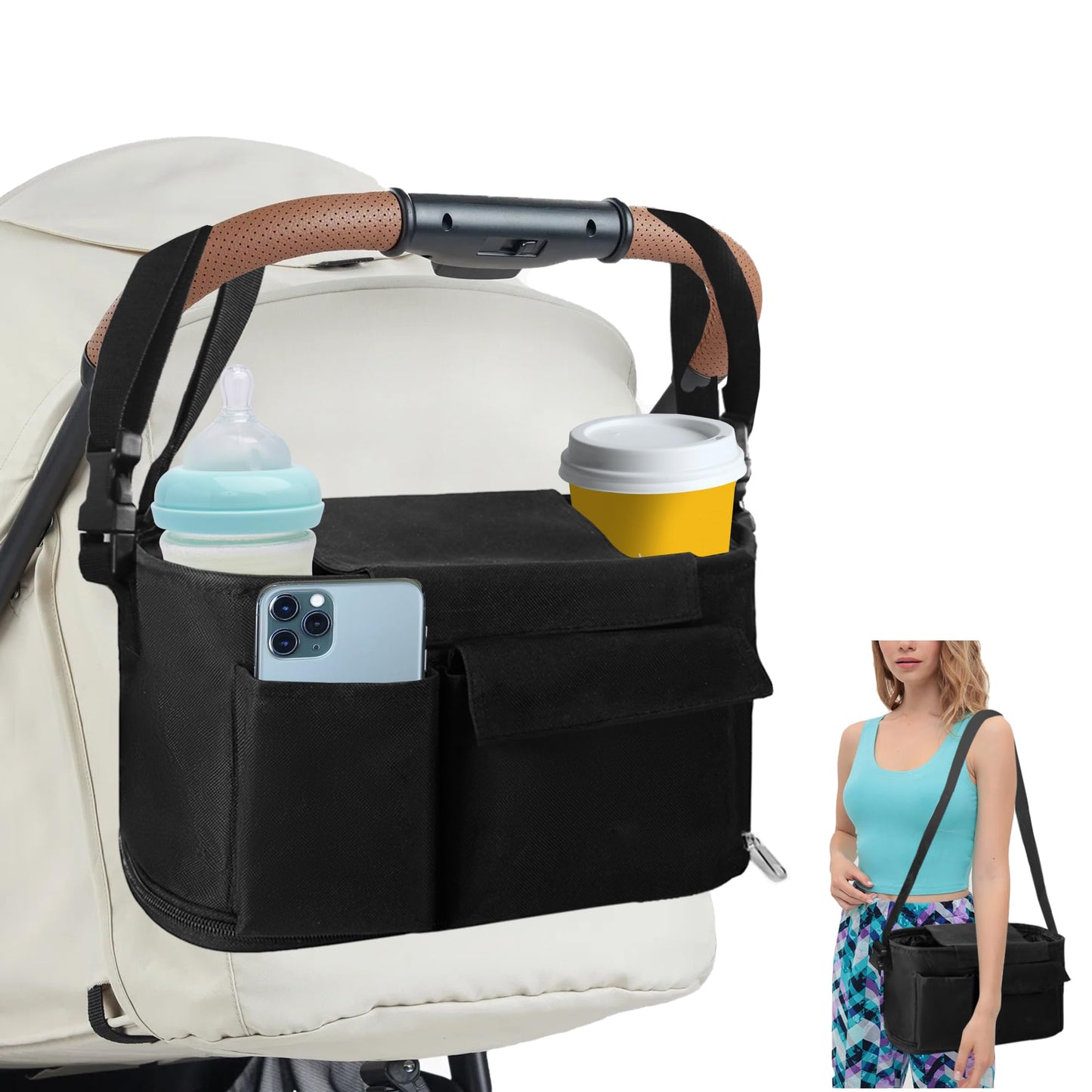 Rasfalo Universal Stroller Caddy Expandable Organizers & Detachable Shoulder Strap, Stroller Organizer With Cup Holder Fits for Stroller Like Uppababy, Baby Jogger, BOB, Doona, Britax