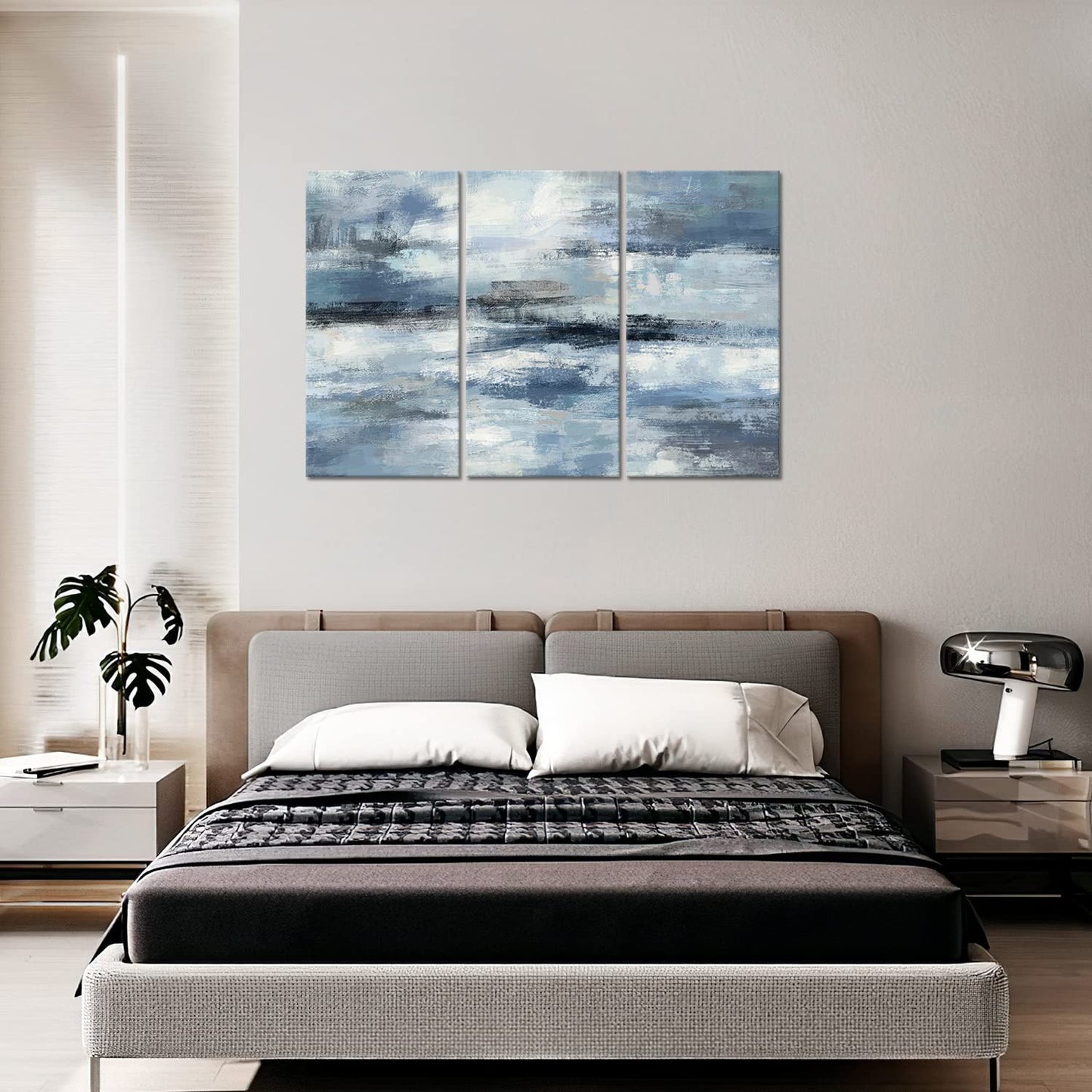 Blue Abstract Wall Art-Grey Abstract Picture 3 Piece Living Room Office Canvas Wall Art Print Wall Painting Modern Artwork for Home Bedroom Wall Decor
