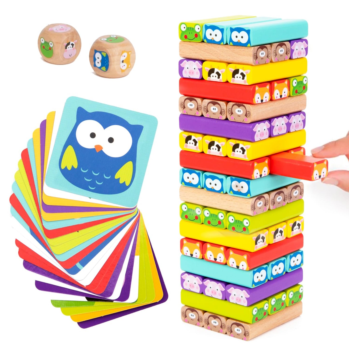 Nene Toys Wooden Tumble Tower Game with Animals & Colors, 4-in-1 Educational Family Board Game for Kids Ages 3-9, Creativity & Cognitive Skills Booster - Gift for Boys Girls 3+ Years