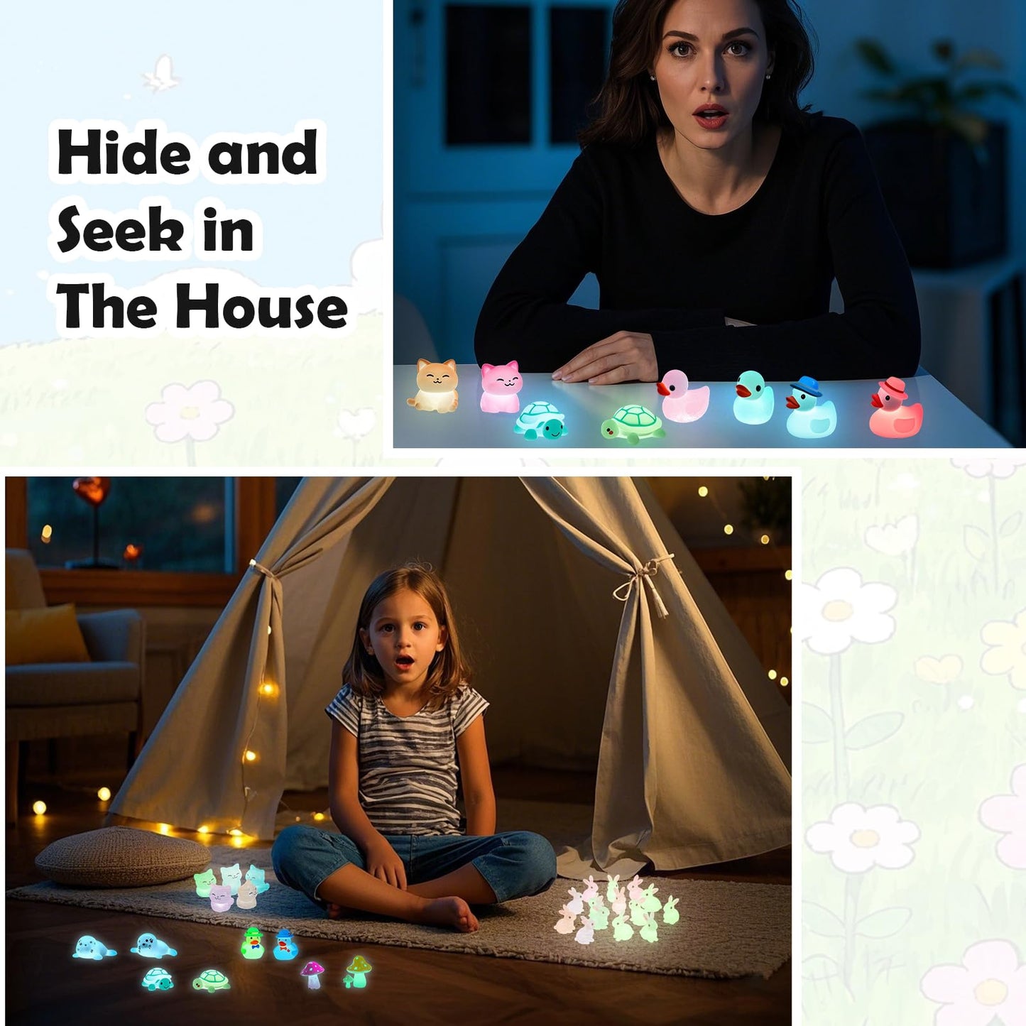 IHFAIO 100PCs Mini Resin Animals, Mini Ducks Unicorns Rabbits Dolphin Frog Dinosaur Cat Luminous Animals Glow in The Dark to Hide Around The Office Home for DIY Garden Dollhouse Combination