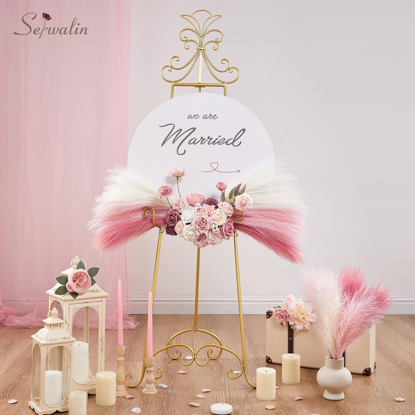 Serwalin Pampas Grass Pink Decor 17.7 Inch 6pcs, Faux Pampas Grass Home Decor, Artificial Pampas Grass Blush Fake Pampas, Short Vase Room Christmas Decoration