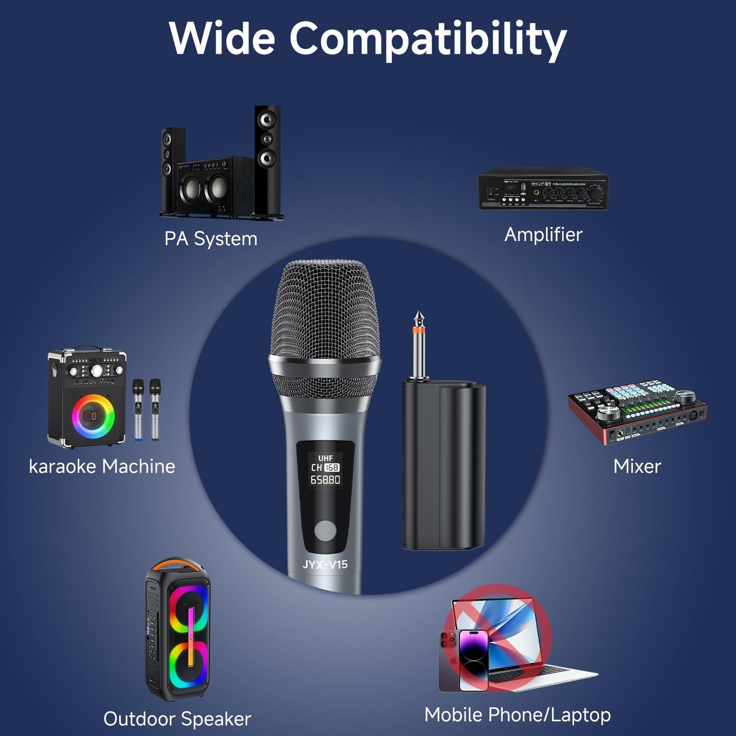 JYX Wireless Microphone, Rechargeable UHF Metal Handheld Cordless Dynamic Micprophone System with Receiver, Suitable for Home Karaoke, Speech, Church, Wedding, Speaker, Party (160 ft Range)