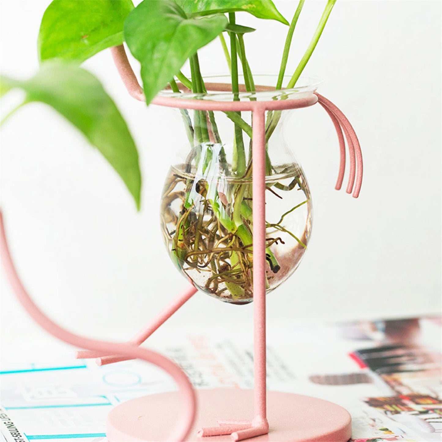 Hydroponics Vase for Plants, Pink Flamingo Hydroponics Planter Bulb Vase, Propagation Planters Glass Vase for Home Office Desk Decor (Pink, Upright)