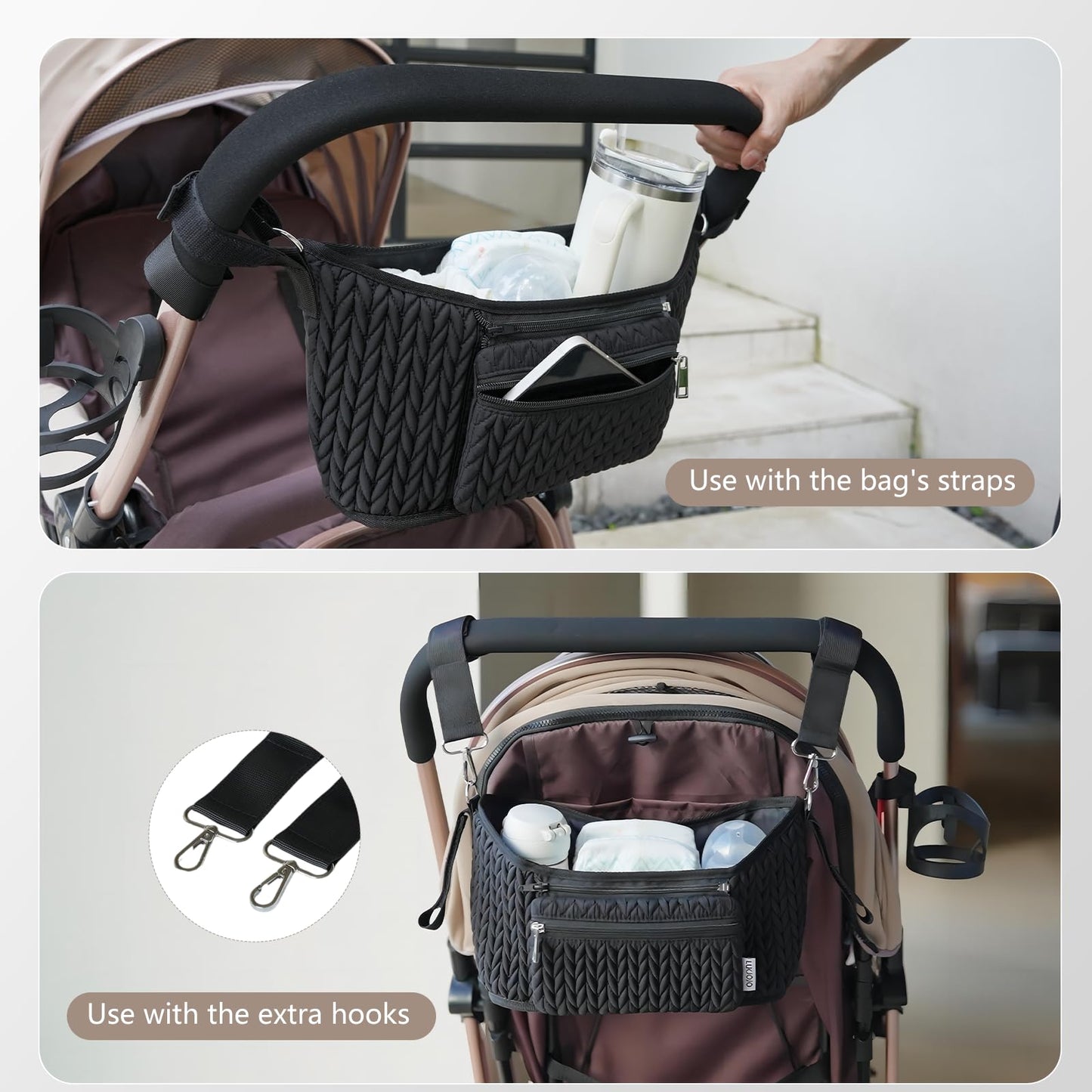LUKJOJO Stroller Organizer - Stylish 3D Herringbone Quilting Nylon, Universal Fit, Detachable Bag, Adjustable Multi-Storage for Baby Essentials