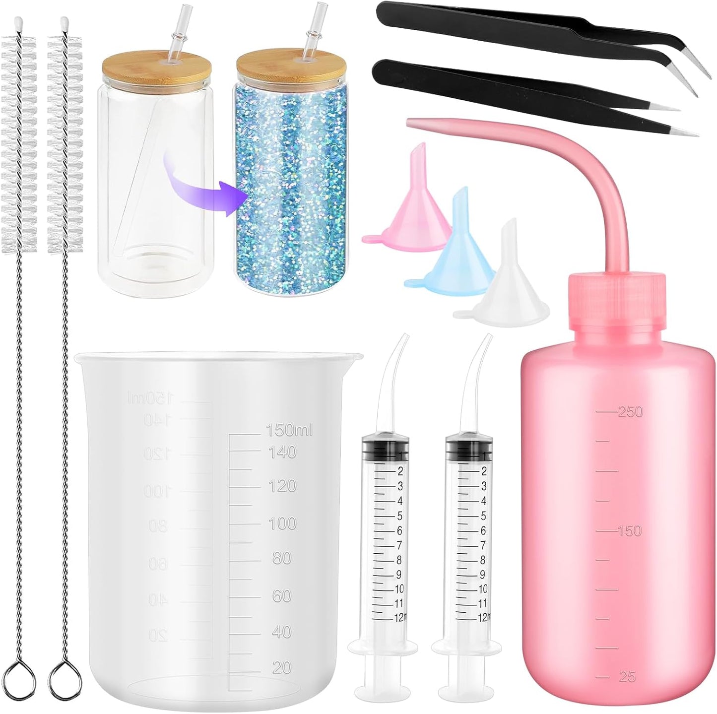VEEVIIY 11 Piece Snow Globe Tumbler Supplies DIY Craft Kit for Glitter Snowglobe Cups, Includes 3 Funnels, 2 Syringes, Tweezers and Hole Brushes, 1 Squeeze Bottle and Measuring Cups