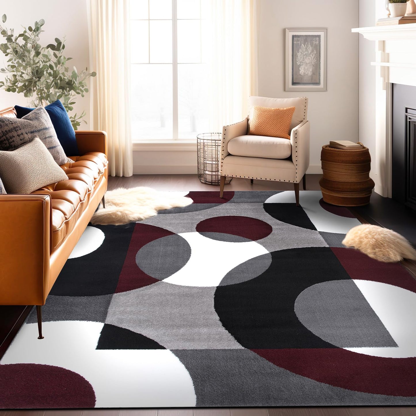 Rugshop Modern Circles Carpet Easy Maintenance for Home Office,Living Room,Bedroom,Kitchen Soft Area Rug 5'3" x 7'3" Burgundy
