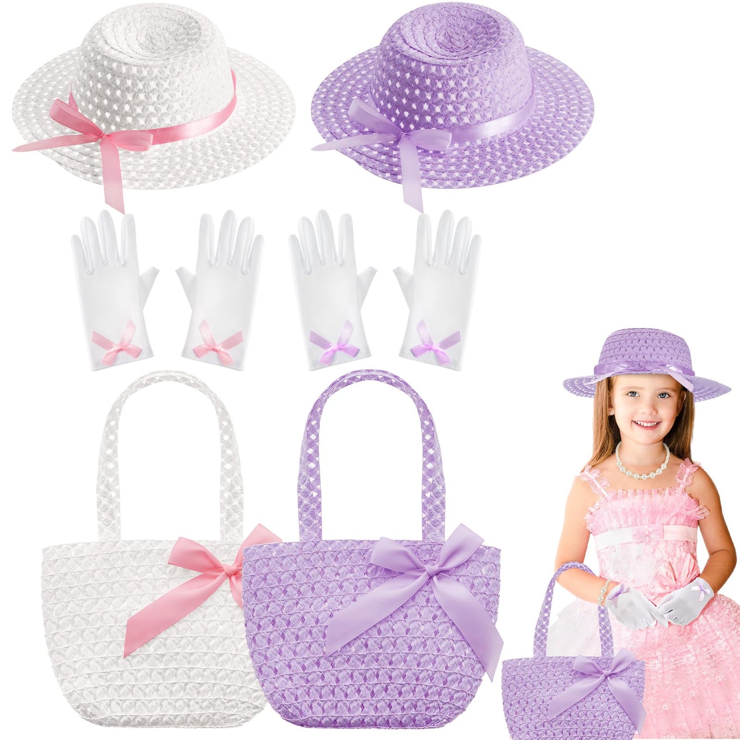 Zhanmai 6 Pcs Girls Tea Party Hats Accessories Set Kids Tea Party Bonnets Hats and Gloves Purses for Girls Dress up Favors