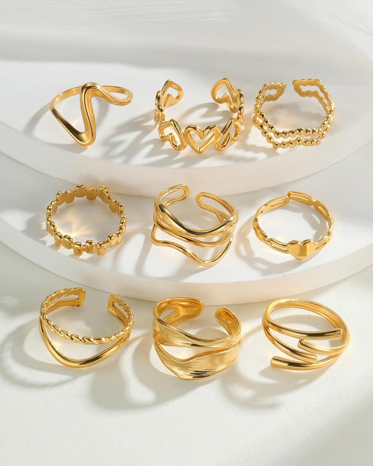 BETTY&SARAH 9PCS Gold Rings for Women Non Tarnish, 18K Gold Plated Chunky Adjustable Stackable Rings, Open Stacking Knuckle Ring Set Gifts