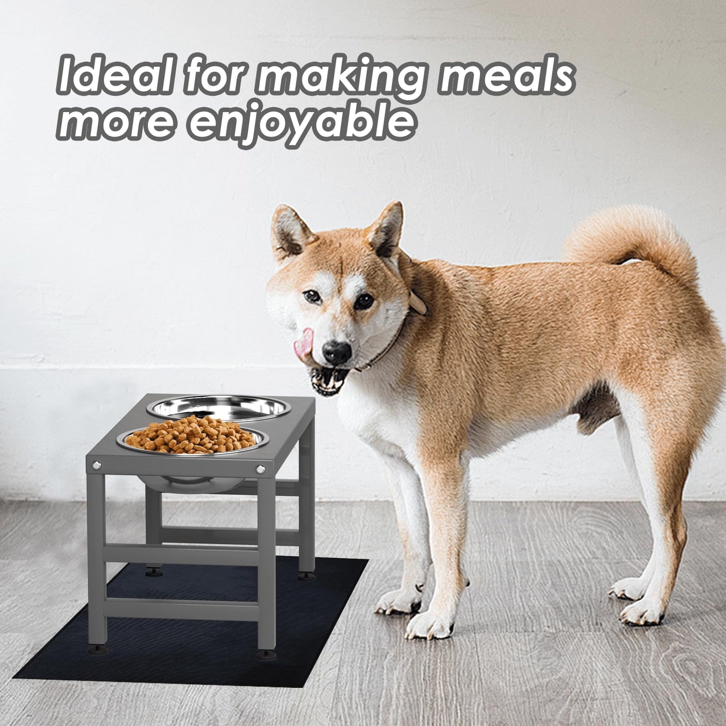 ADENGL Metal Raised Dog Bowl, 10" Tall Elevate Dog Feeder Stand with 2 Stainless Steel 42oz Bowls & 16x24 Non-Slip Mat – Stronger Dogs Food & Water Bowl Stand (Grey)