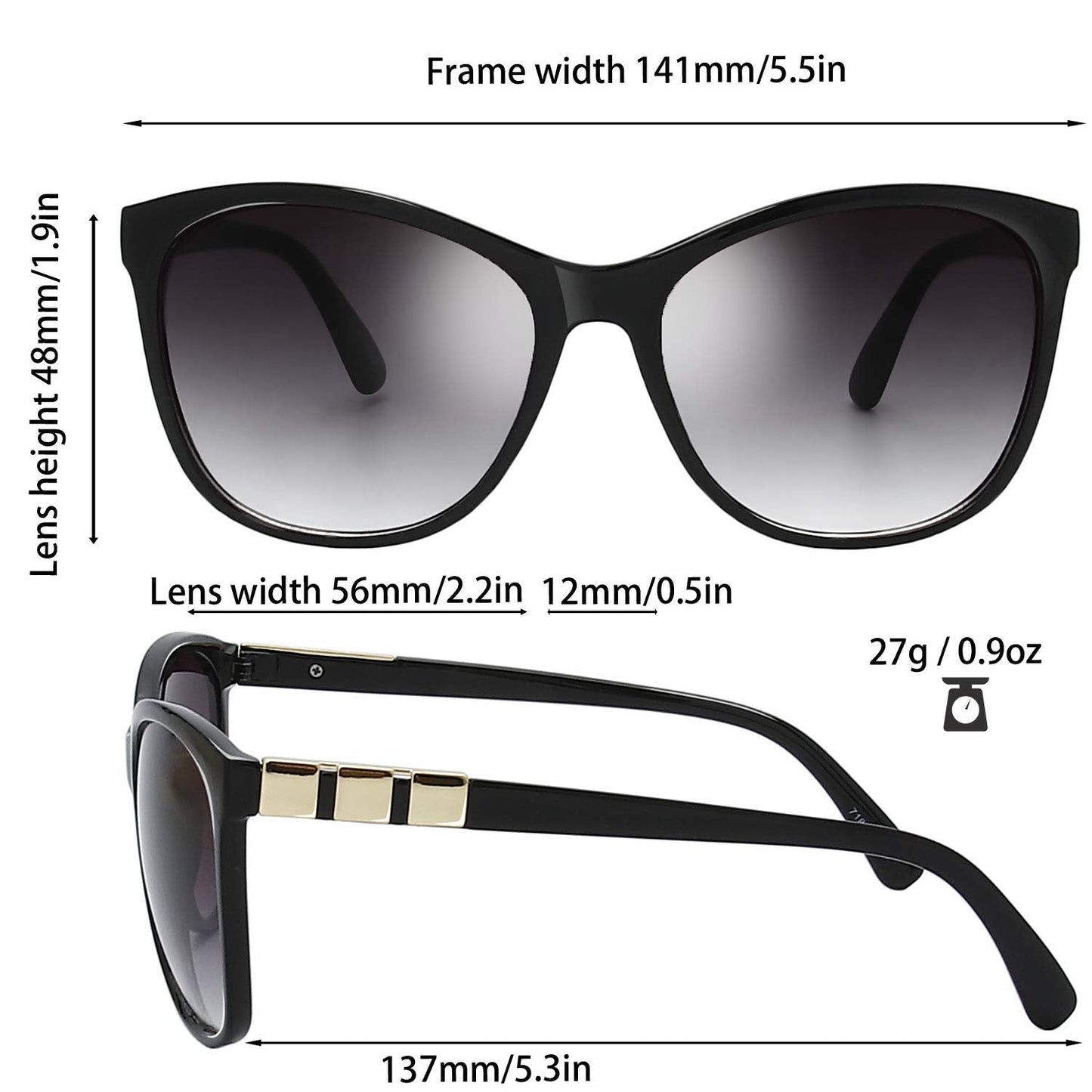 The Fresh Women's Oversized Square Jackie O Cat Eye Hybrid Butterfly Fashion Sunglasses - Exquisite Packaging (718801-Black/Gold, Gradient Grey)