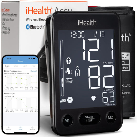 iHealth Accu Wireless Blood Pressure Monitor with Bluetooth Cloud Storage, Body Movement Detection, Wrap Indicator, Adjustable Large Adult Cuff(8.7-16.5 inch), Dual User Functionality for Home Use