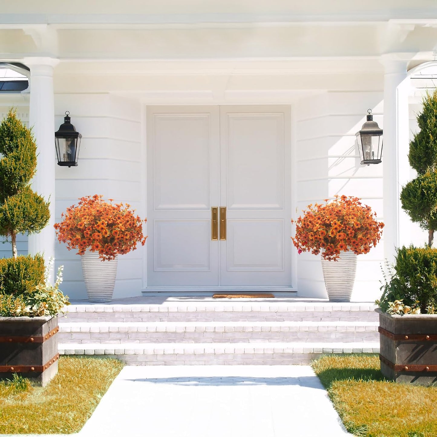 Grunyia 16 Bundles Artificial Fall Flowers for Outdoors Fake Plants UV Resistant Plastic Plants Shrubs Bushes for Home Fall Front Door Porch Garden Autumn Decor (Fall Red)