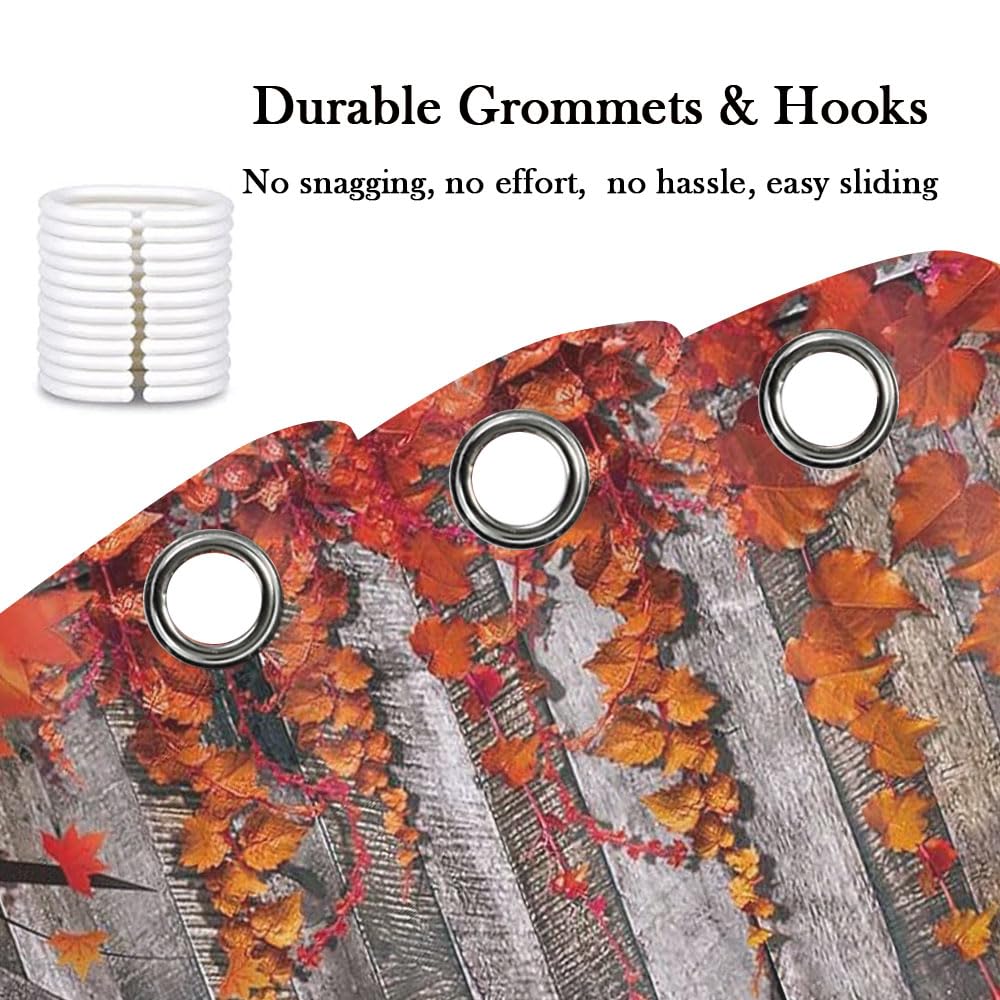 Rustic Fall Barn Door Shower Curtain Sets for Bathroom,Seasonal Theme Autumn Maple Leaves Bath Curtain, Retro Wood Board Thanksgiving Harvest Day Farmhouse Decoration Curtains with Hooks 72X84IN