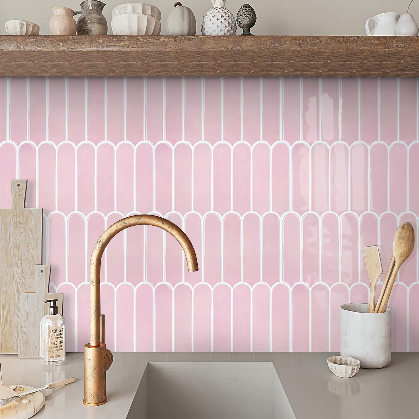Commomy Thicker Pink Peel and Stick Backsplash - 10 pcs of 12" x 12" - 3D Adhesive Peel and Stick Tiles Backsplash for Kitchen, Bathroom, Removable, Waterproof, Vinyl Wall Tile