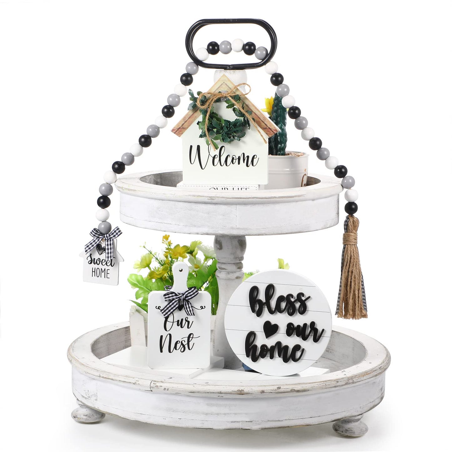 4 Pieces Farmhouse Tiered Tray Decor Set Including House Farmhouse Sign Wooden Small Items Plaid Wood Bead Garland for Home Decor(Simple Style)