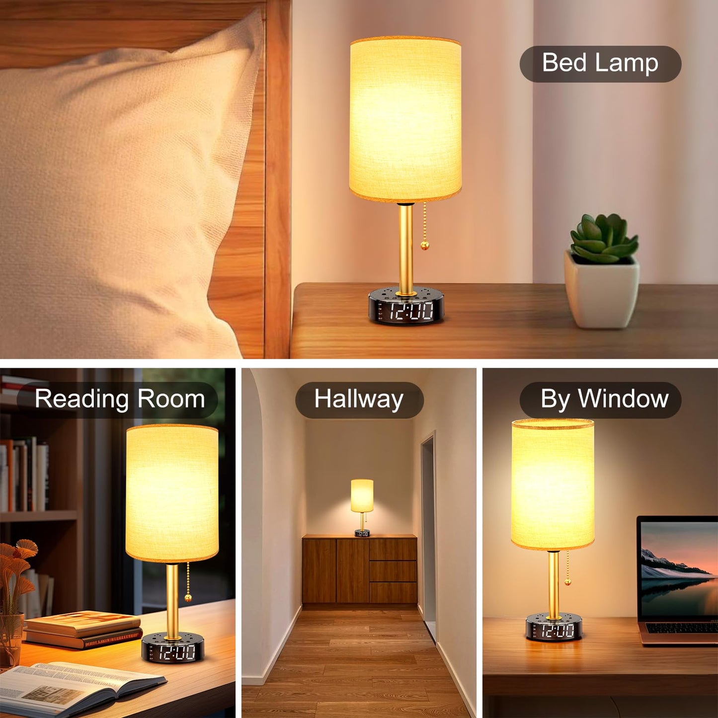 Bedside Desk Lamp for Bedroom, Table Lamp with USB A & USB C Fast Charging Ports & 2 AC Power Outlets, Alarm Clock Base, Round Black Fabric Lampshade Modern Nightstand Lamp for Living Room Home Office