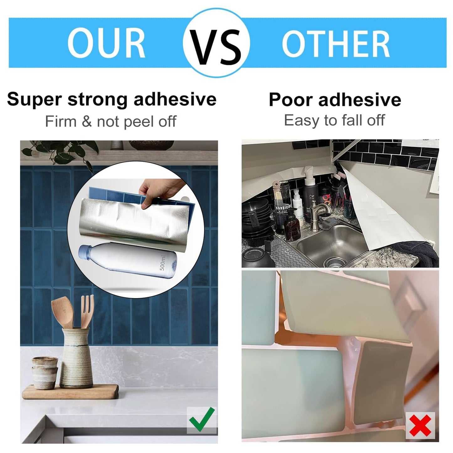 Peel and Stick Backsplash for Kitchen,New Upgrade 12" x 12" Large Premium Kitchen Backsplash,Sticker on Subway Tile Peel and Stick,Blue 10-Sheet.